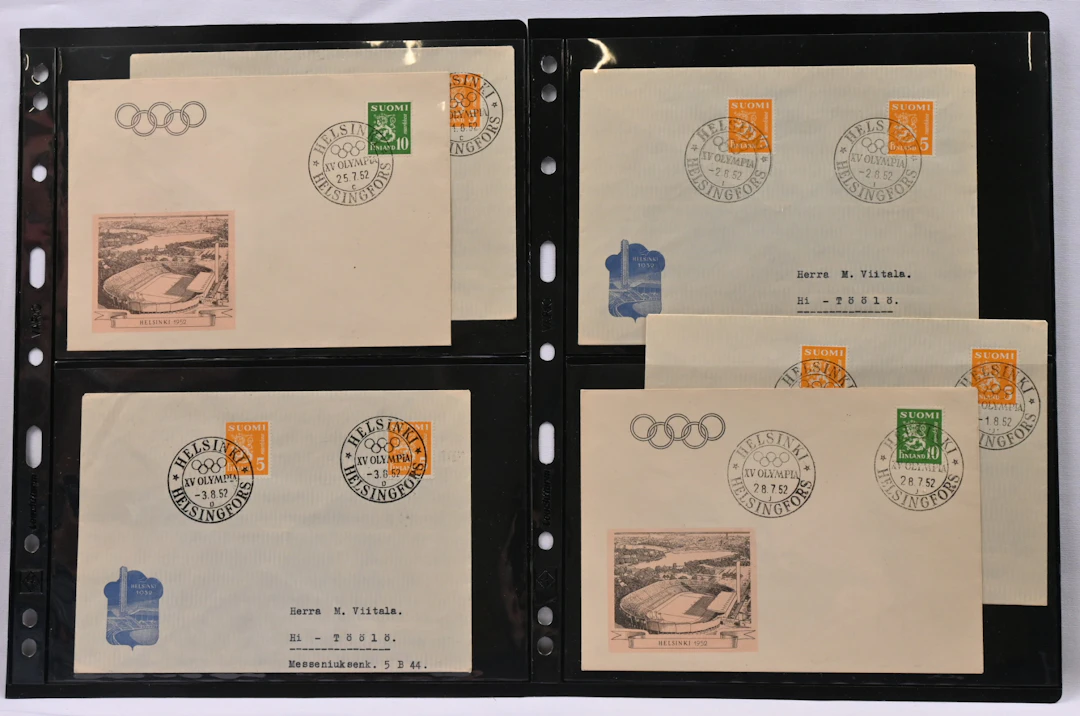 Special postmarks of the 1952 Helsinki Olympics with many different