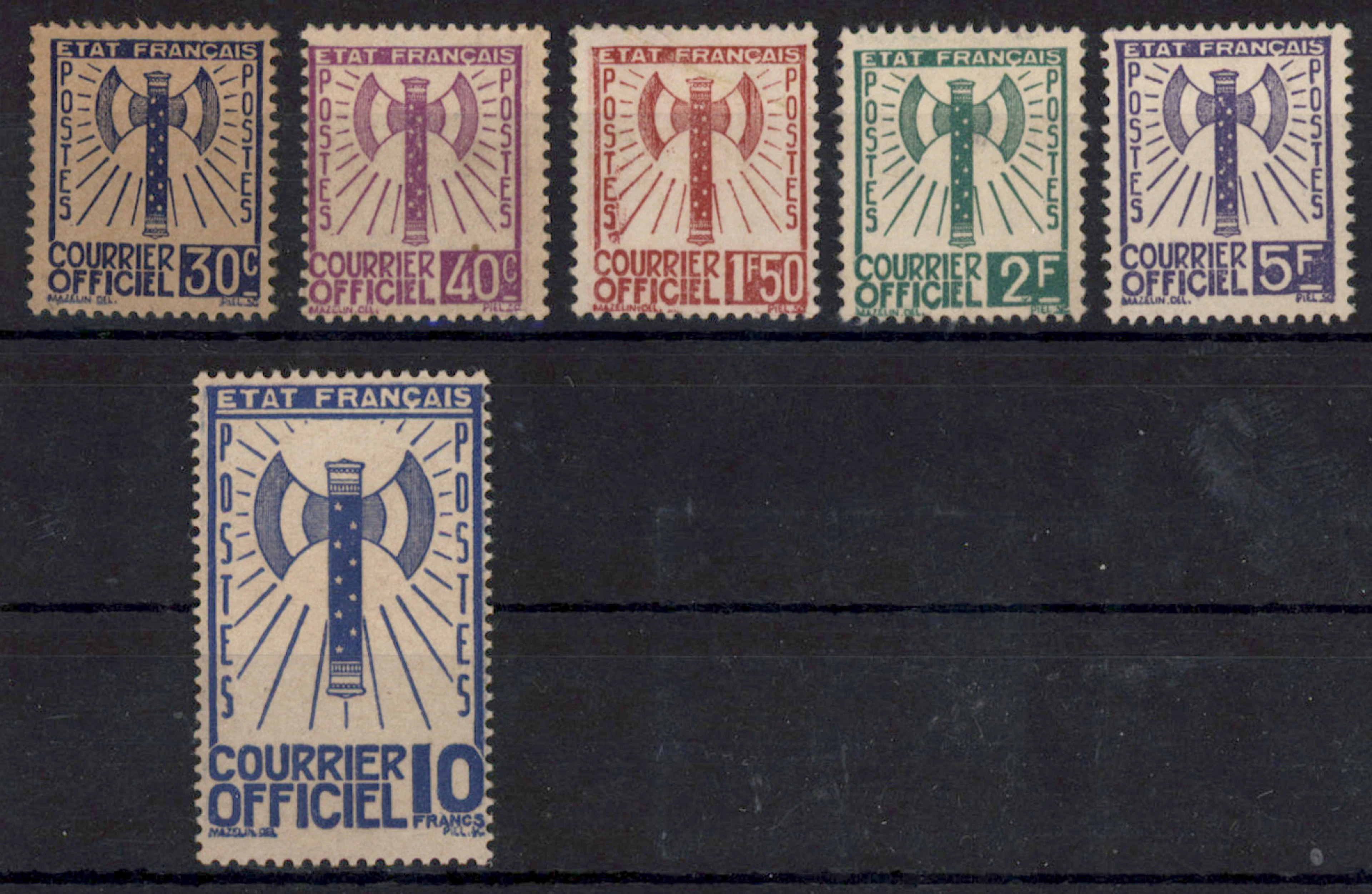 Timbres de service Yvert 2, 3, 8, 9, 12 and 13, all without gum (*).