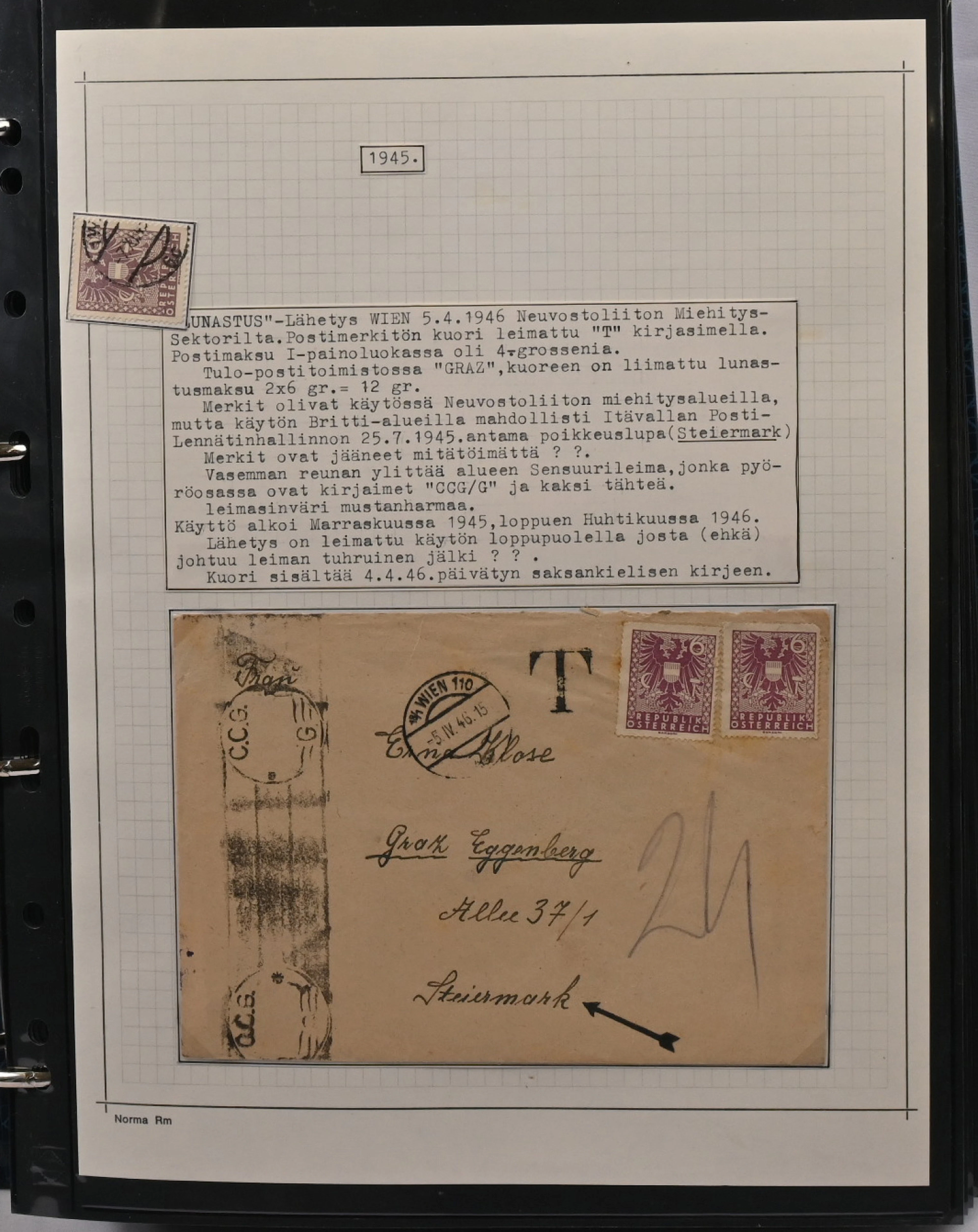 1945 - 1953 small collection in an album mounted on pages, on a page