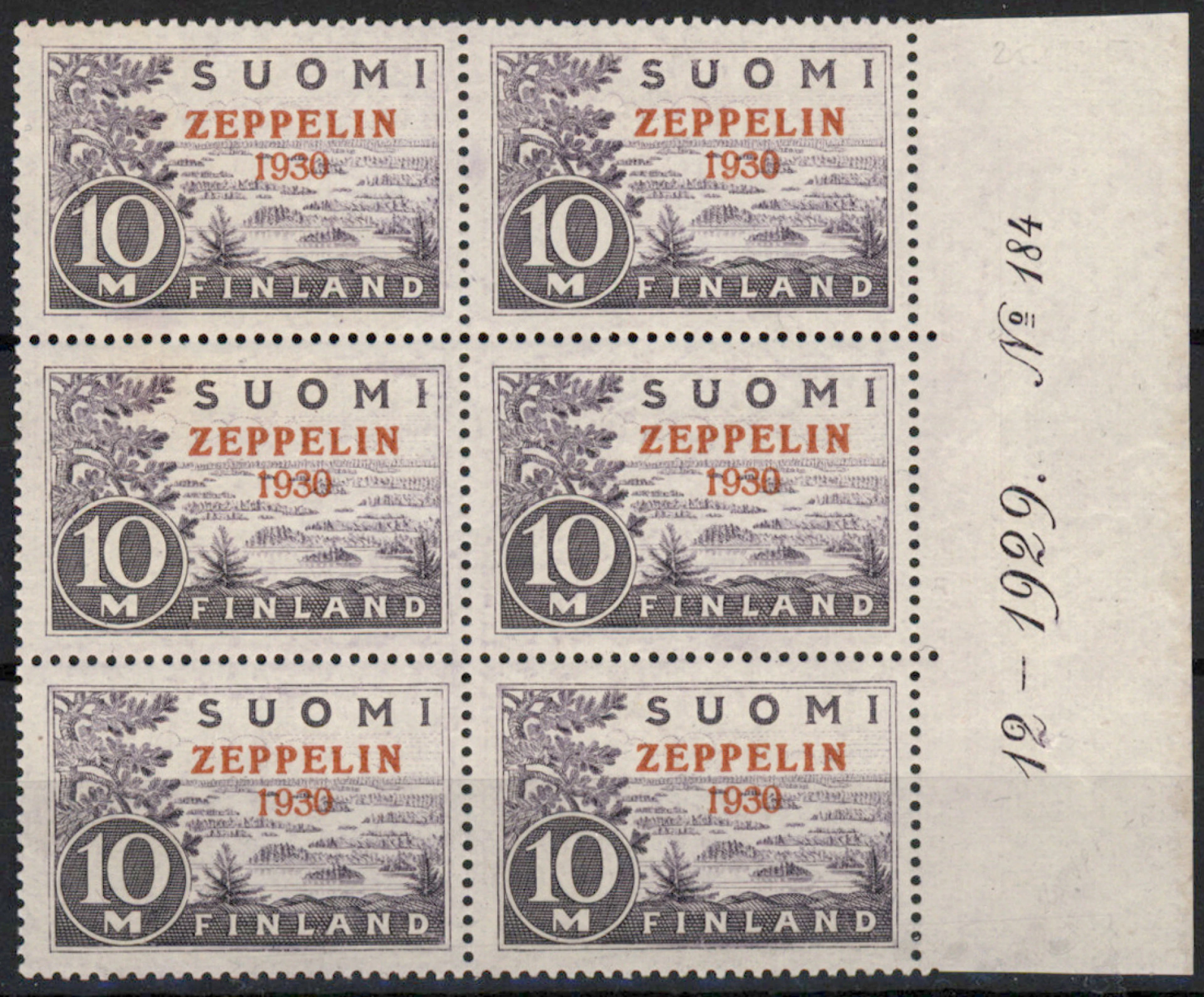 Zeppelin fine plate block of six with sheet margin, MNH **.