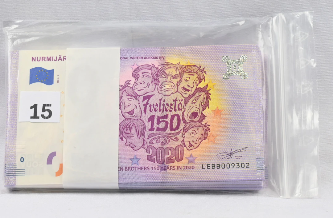 2020 0€ selection "7 veljestä", Nurmijärvi banknotes a bundle of 100 pieces.