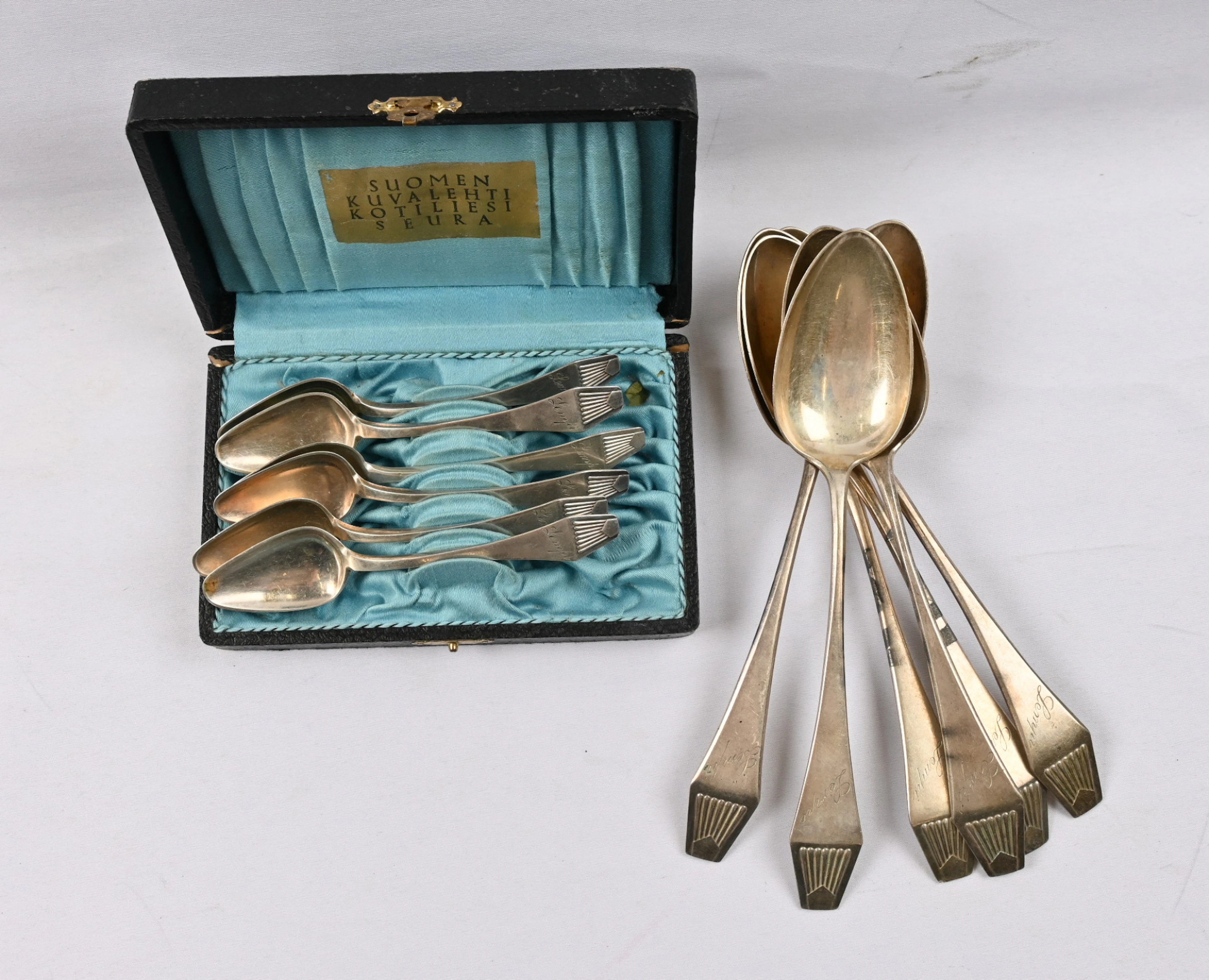 Tablespoons ”Suomi” six pieces and coffee spoons six pieces 813 silver.