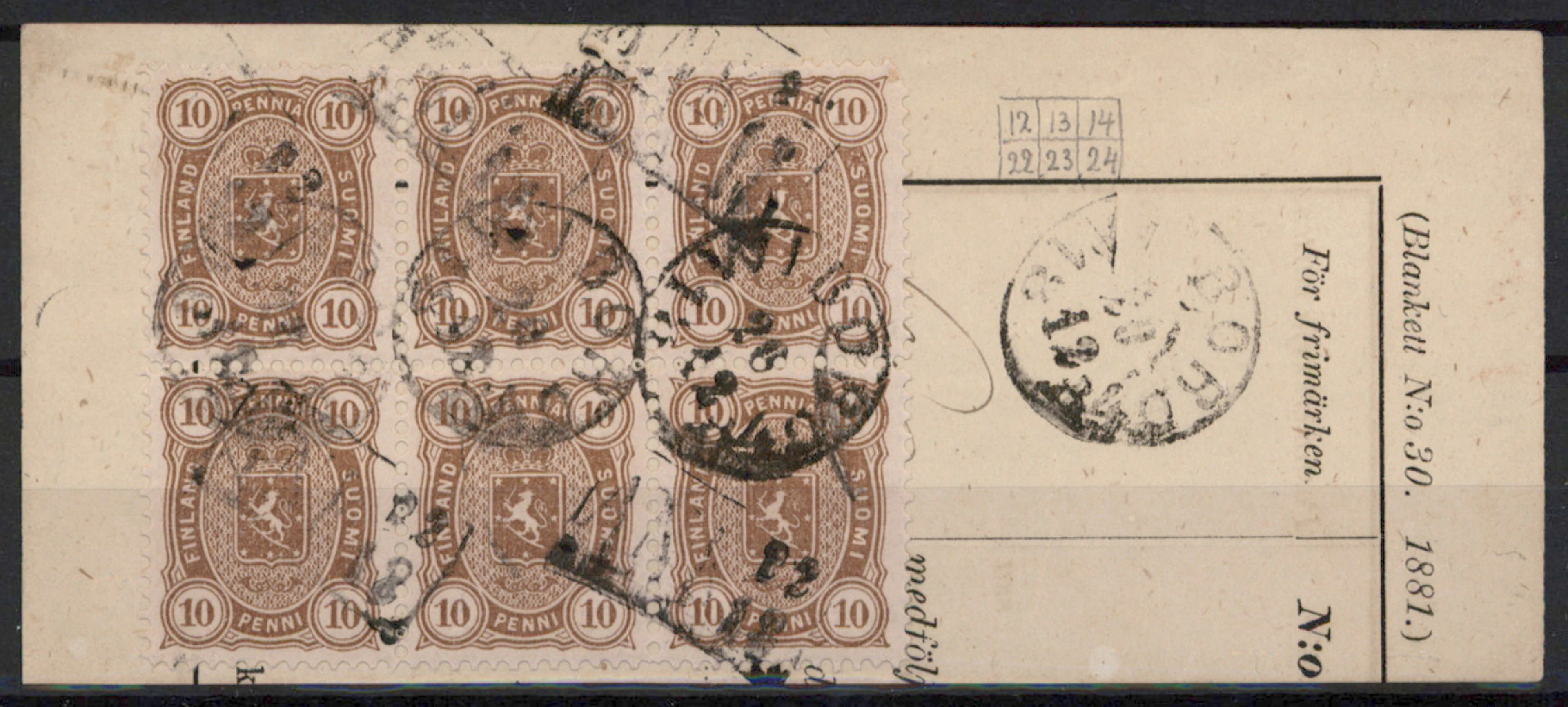 10 penni yellow-brown used block of six, plate positions 12-14, 22-24