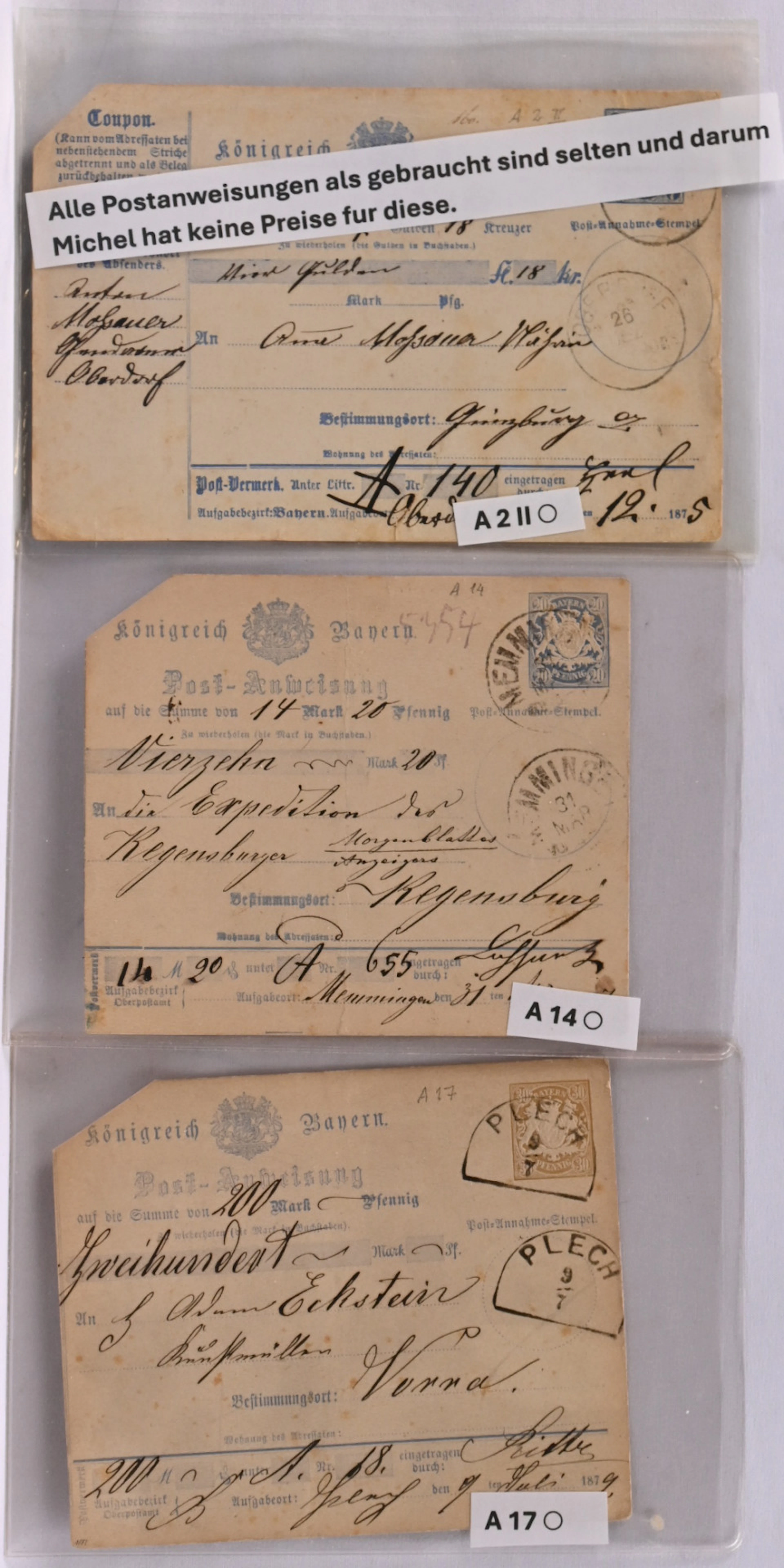 Bavaria, 11 used money orders. Used money orders are rare and therefore