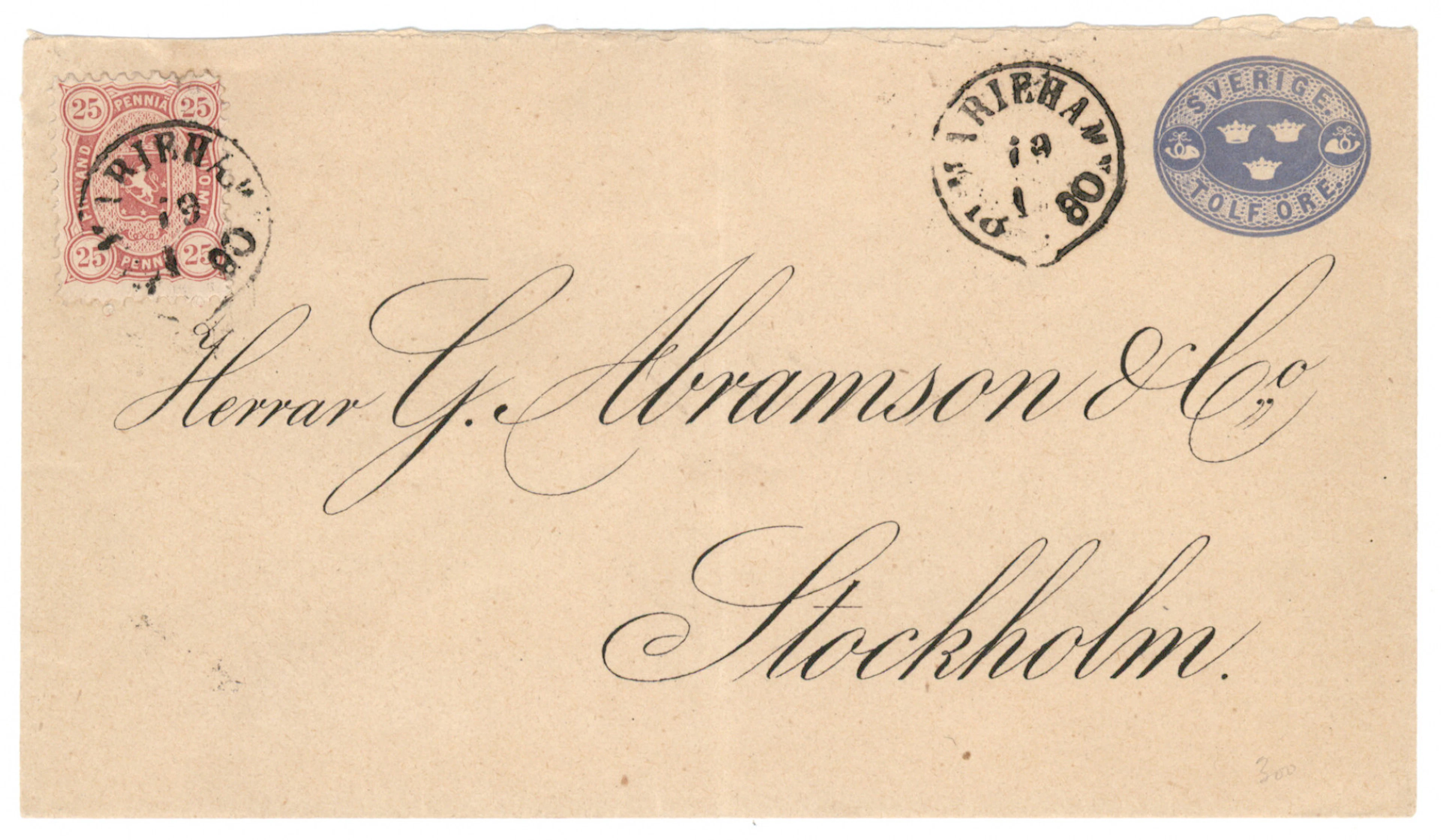 25 penni reddish carmine on a Swedish 12 öre stationery envelope to