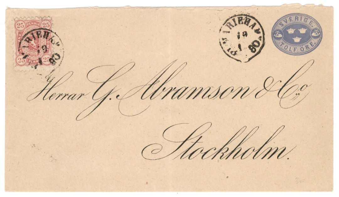 25 penni reddish carmine on a Swedish 12 öre stationery envelope to
