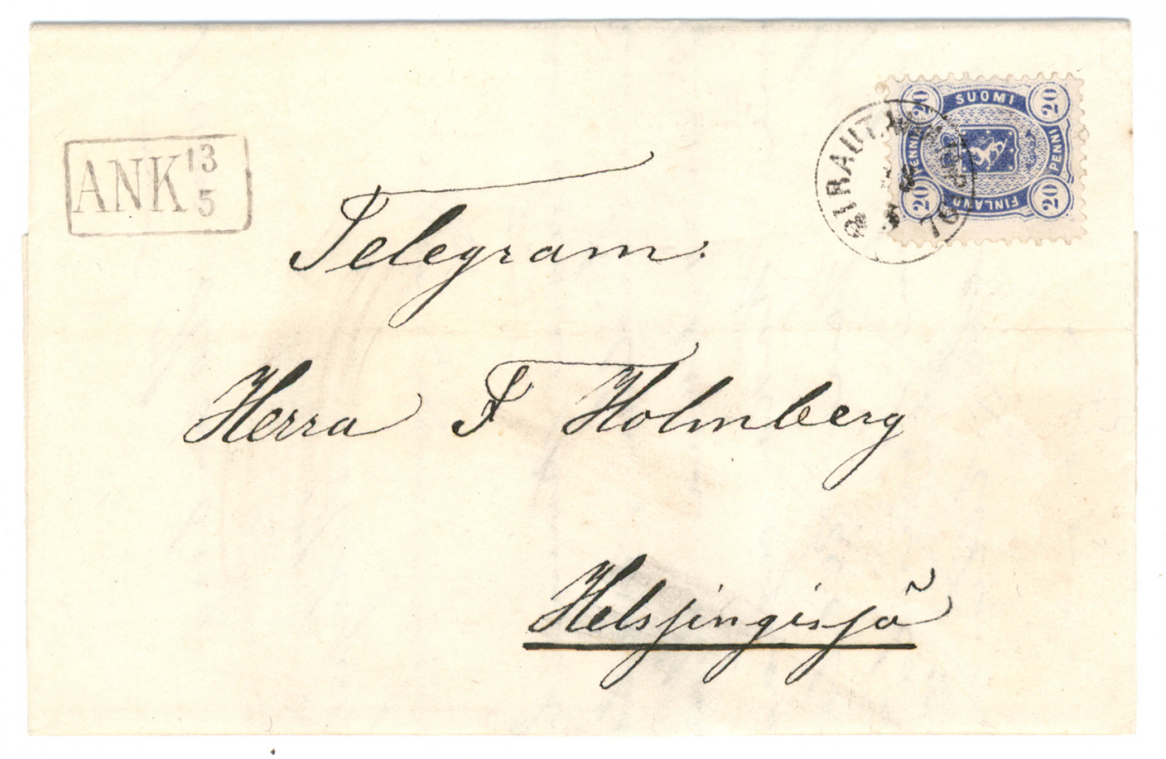 20 penni dark ultramarine on a cover, where the contents of a telegram