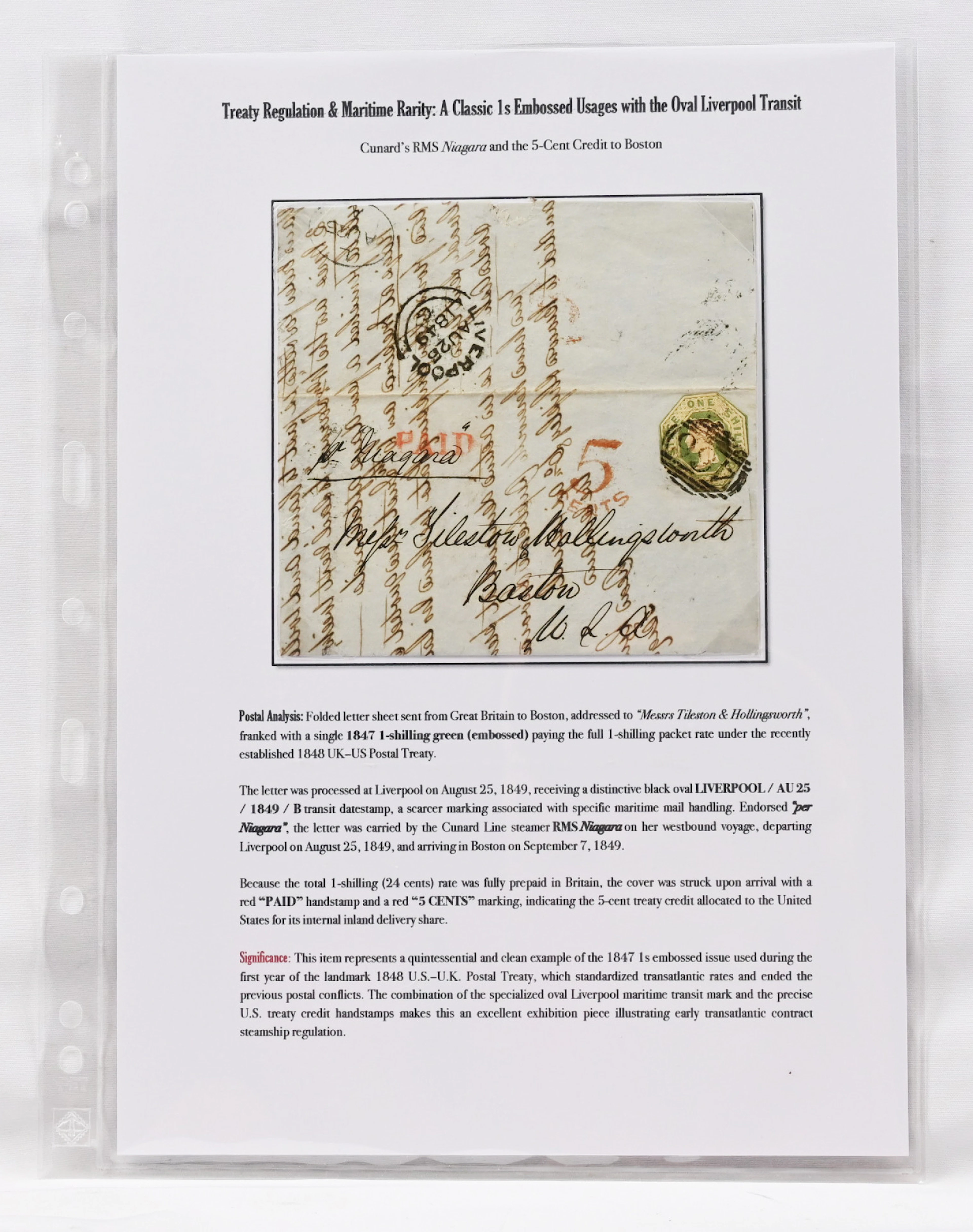 1849 letter to Boston, franked with a 1 shilling stamp Mi 7 which