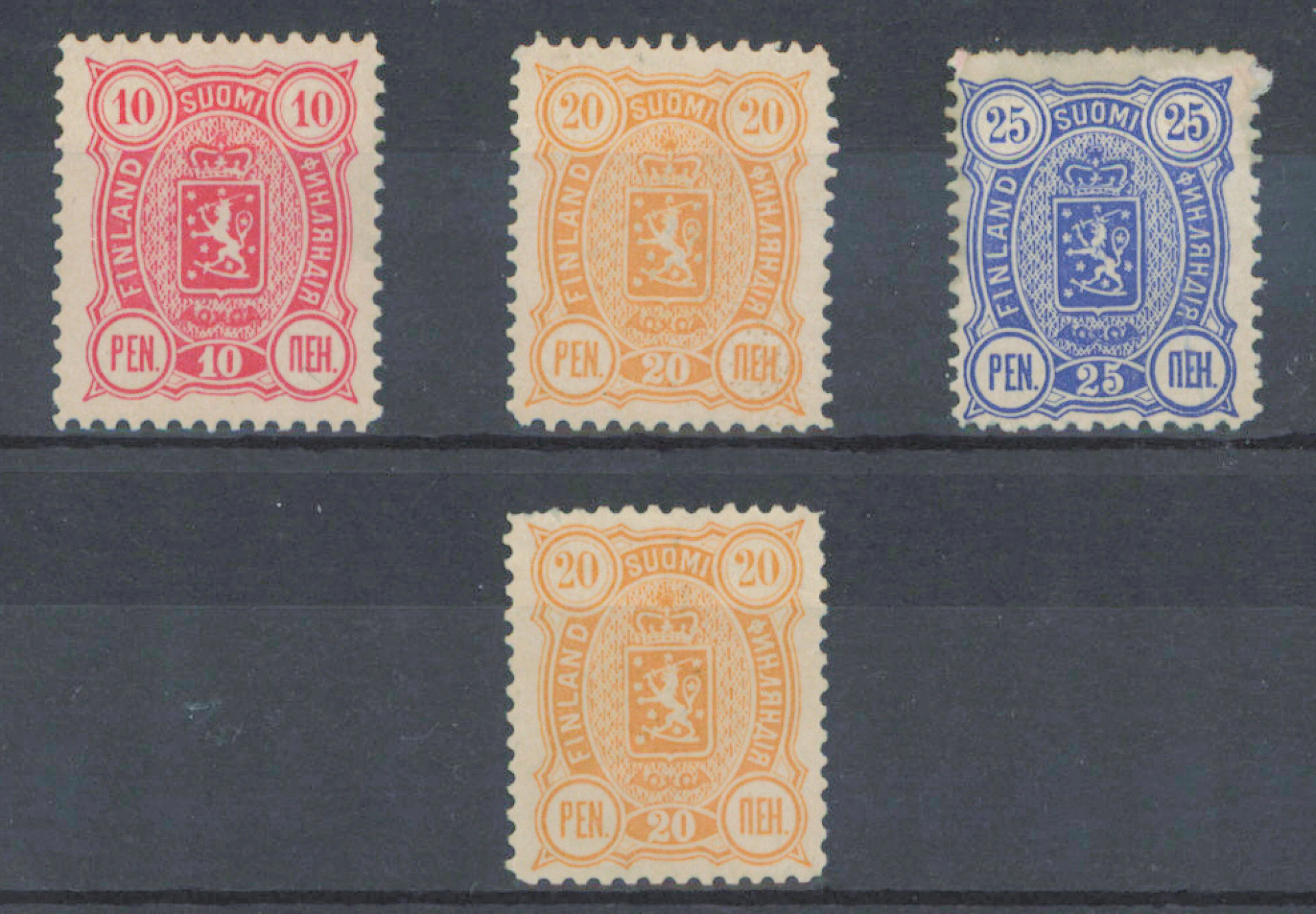 10 penni - 25 penni A, selection of four mint * stamps