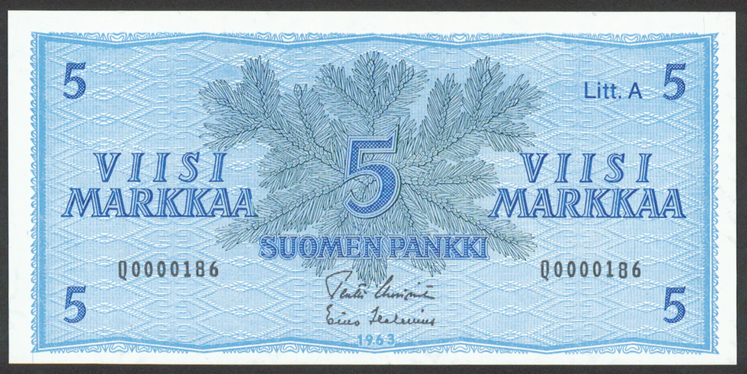 1963 5 markka Litt. A serial number Q0000186, condition 0-