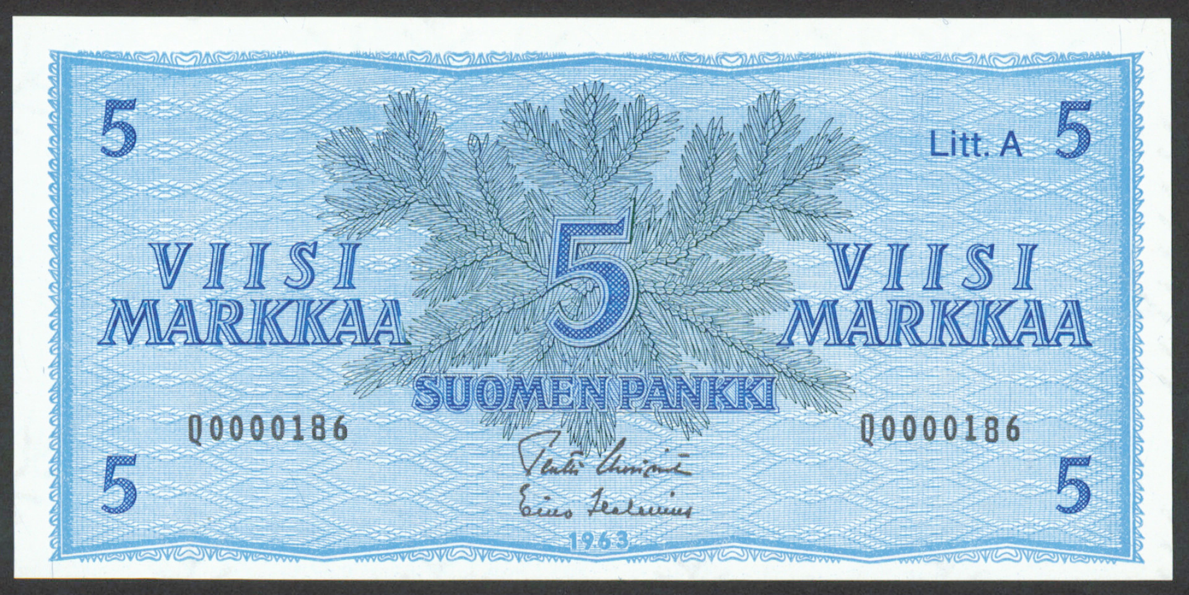 1963 5 markka Litt. A serial number Q0000186, condition 0-