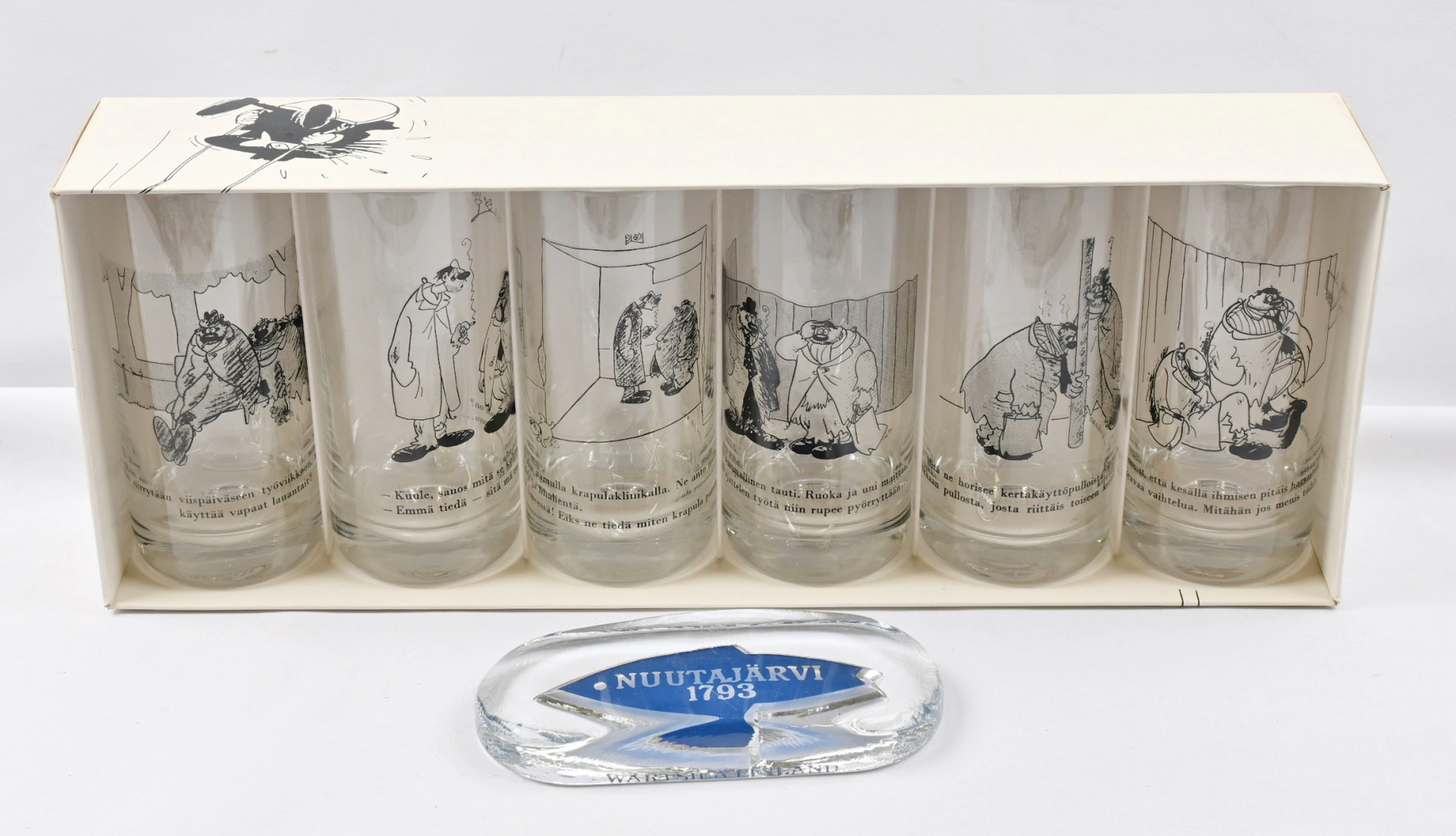 Nuutajärvi: Set of six Kari Suomalainen humor/caricature glasses in