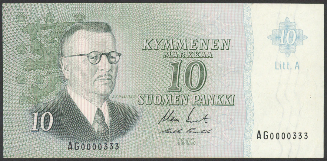 1963 10 markka Litt. A serial number AG0000333, condition 1+
