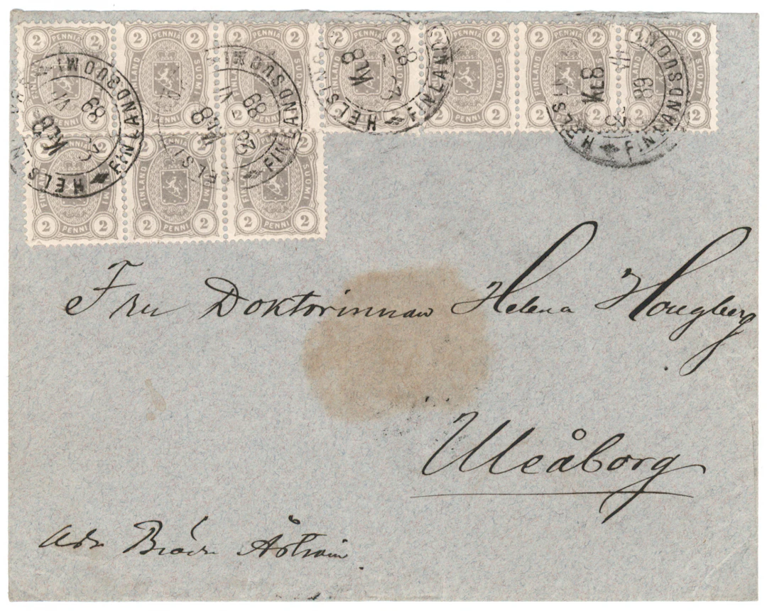 2 penni light olive gray, ten pieces on a cover, neat Helsingfors