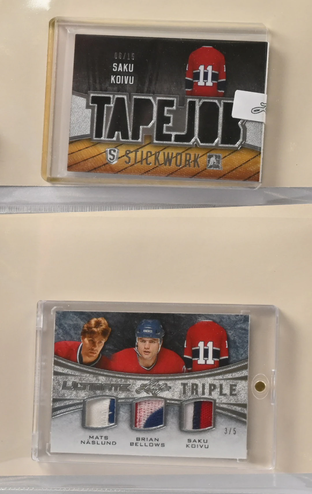 Saku Koivu ITG Leaf Stickwork 6/15 Tapejob jersey and Ultimate Leaf Triple 3/5.