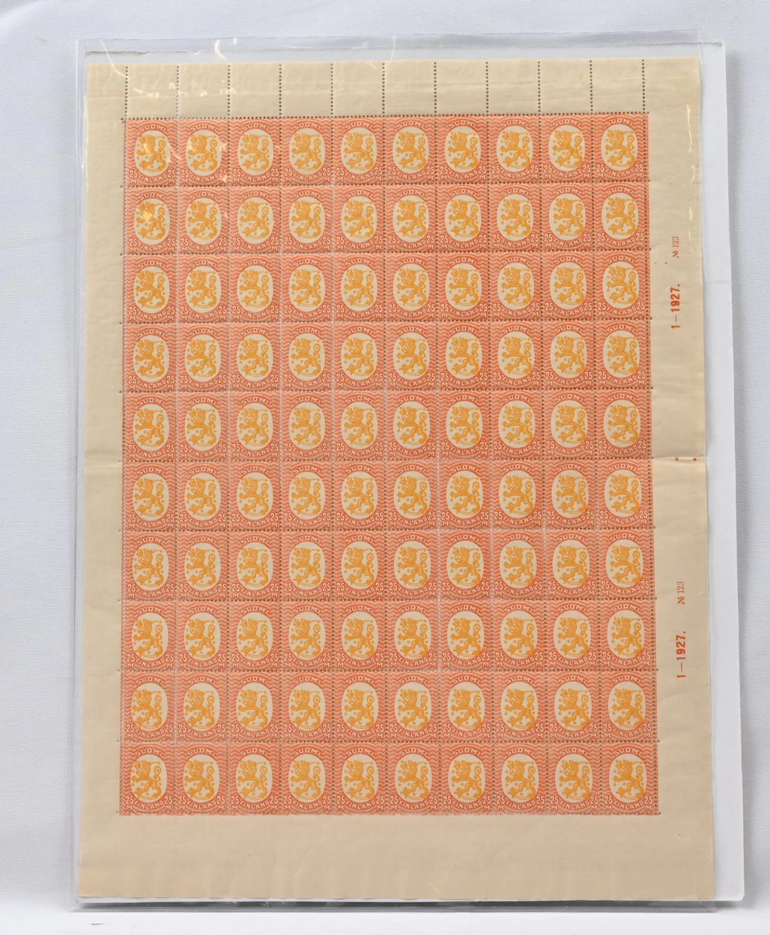 1927 25 markka BW2, complete sheet of 100 stamps, nr 123, very fine mint **
