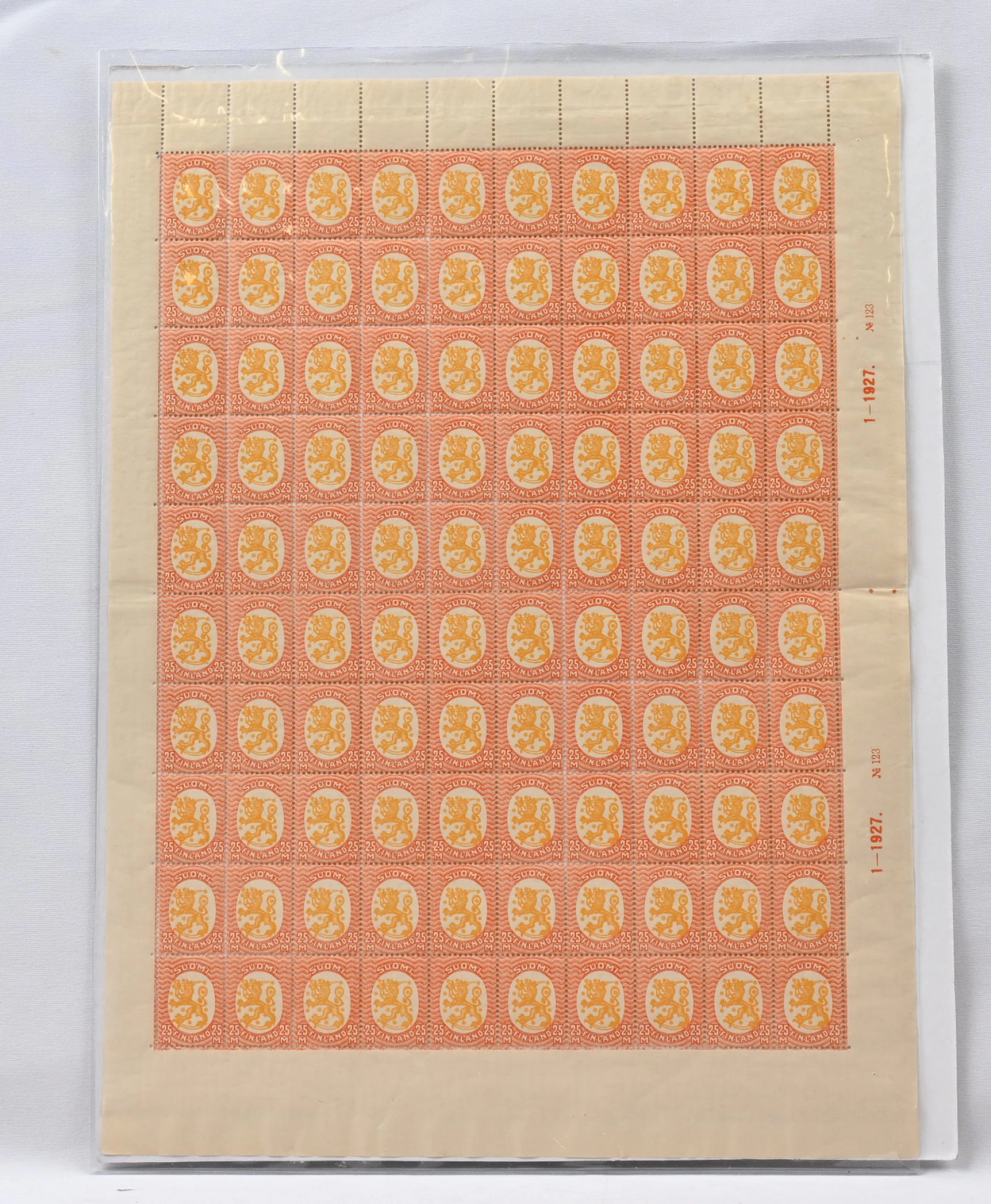 1927 25 markka BW2, complete sheet of 100 stamps, nr 123, very fine mint **