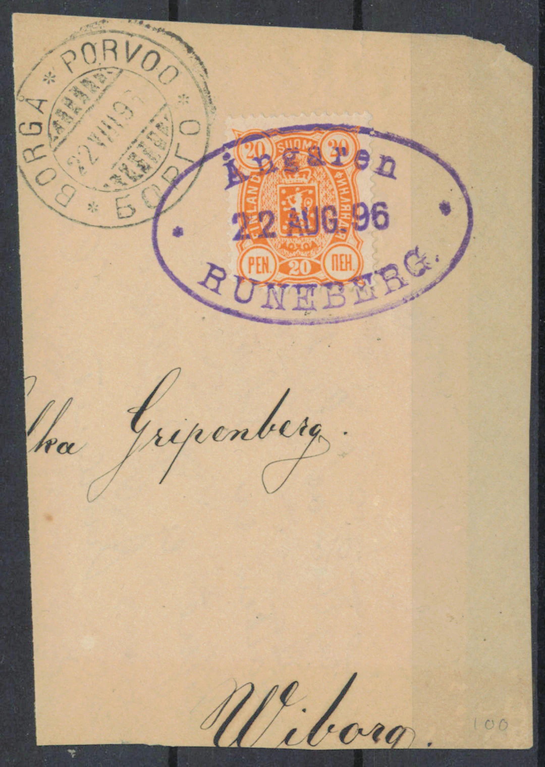 Fragment with 1895 20 penni orange stamp, cancelled with a violet
