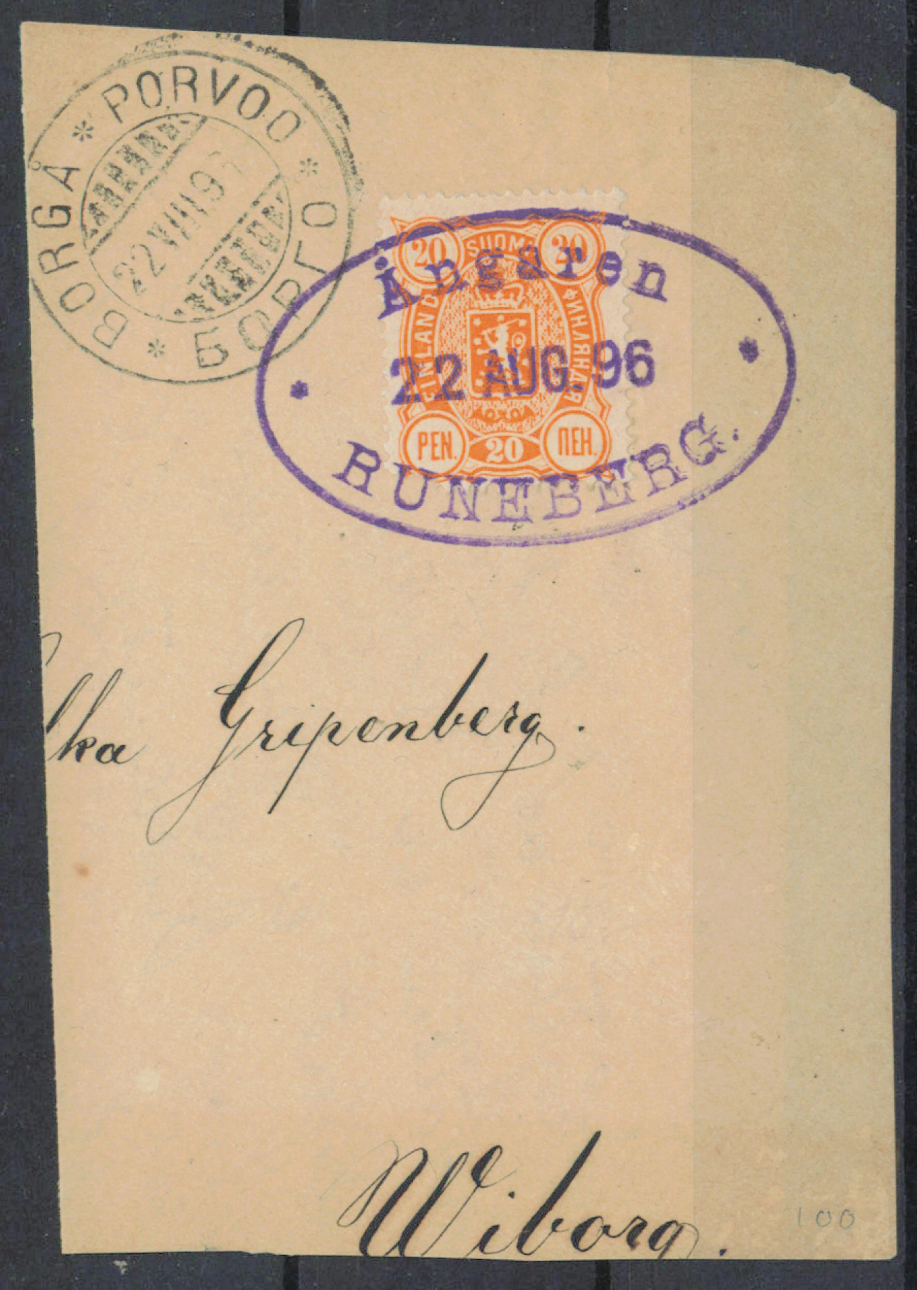 Fragment with 1895 20 penni orange stamp, cancelled with a violet