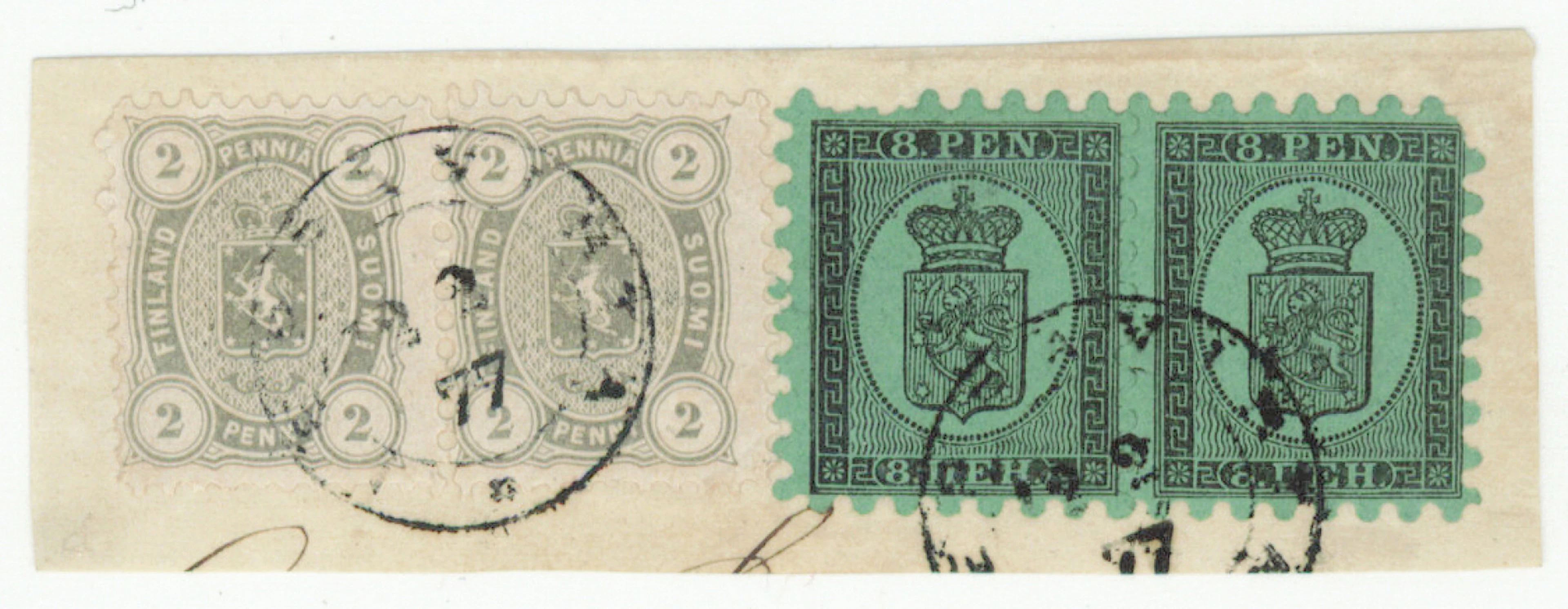 2 penni light gray and issue 1866 8 penni green roulette I pairs on