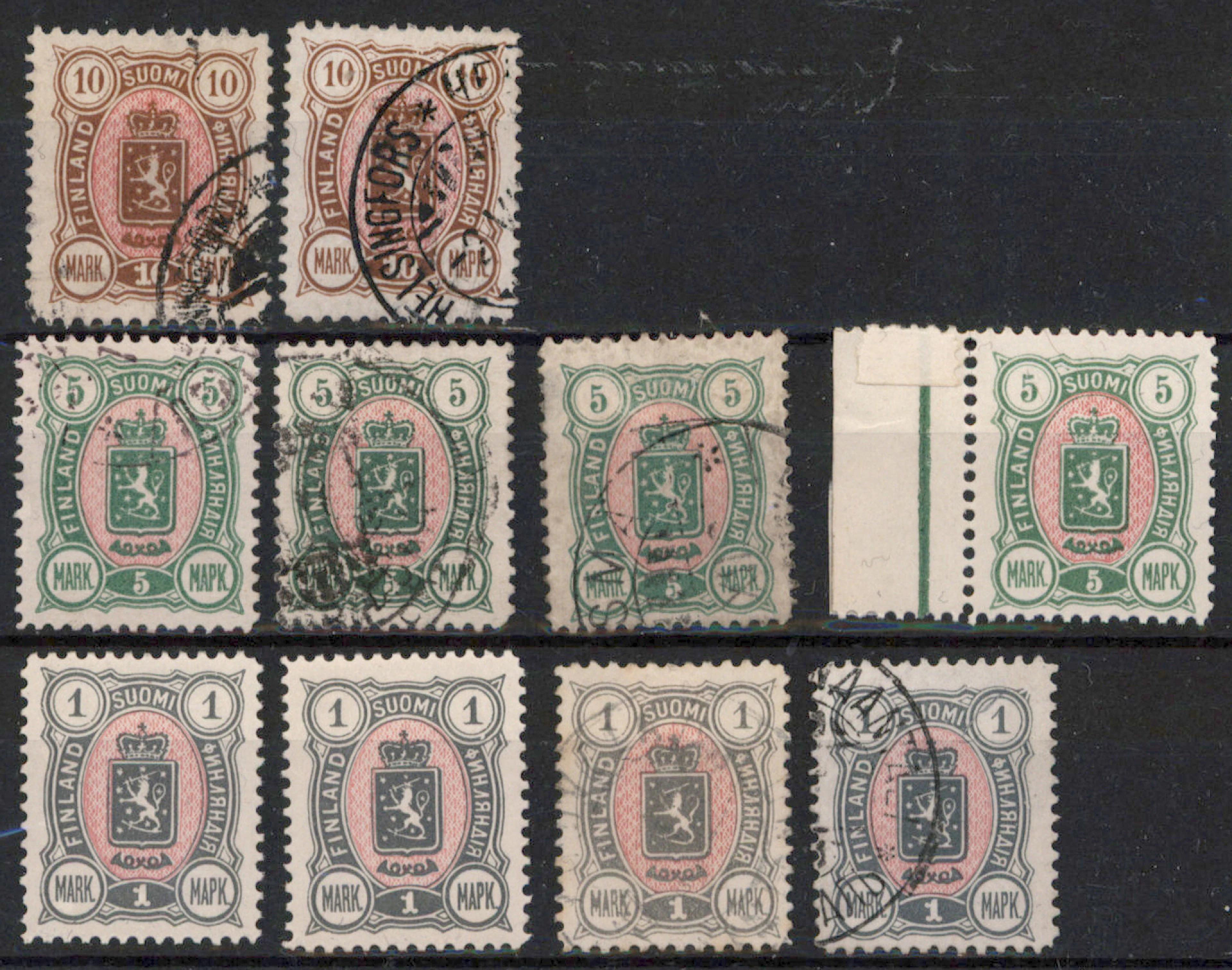 5 markka and 10 markka six stamps etc. on a stockcard