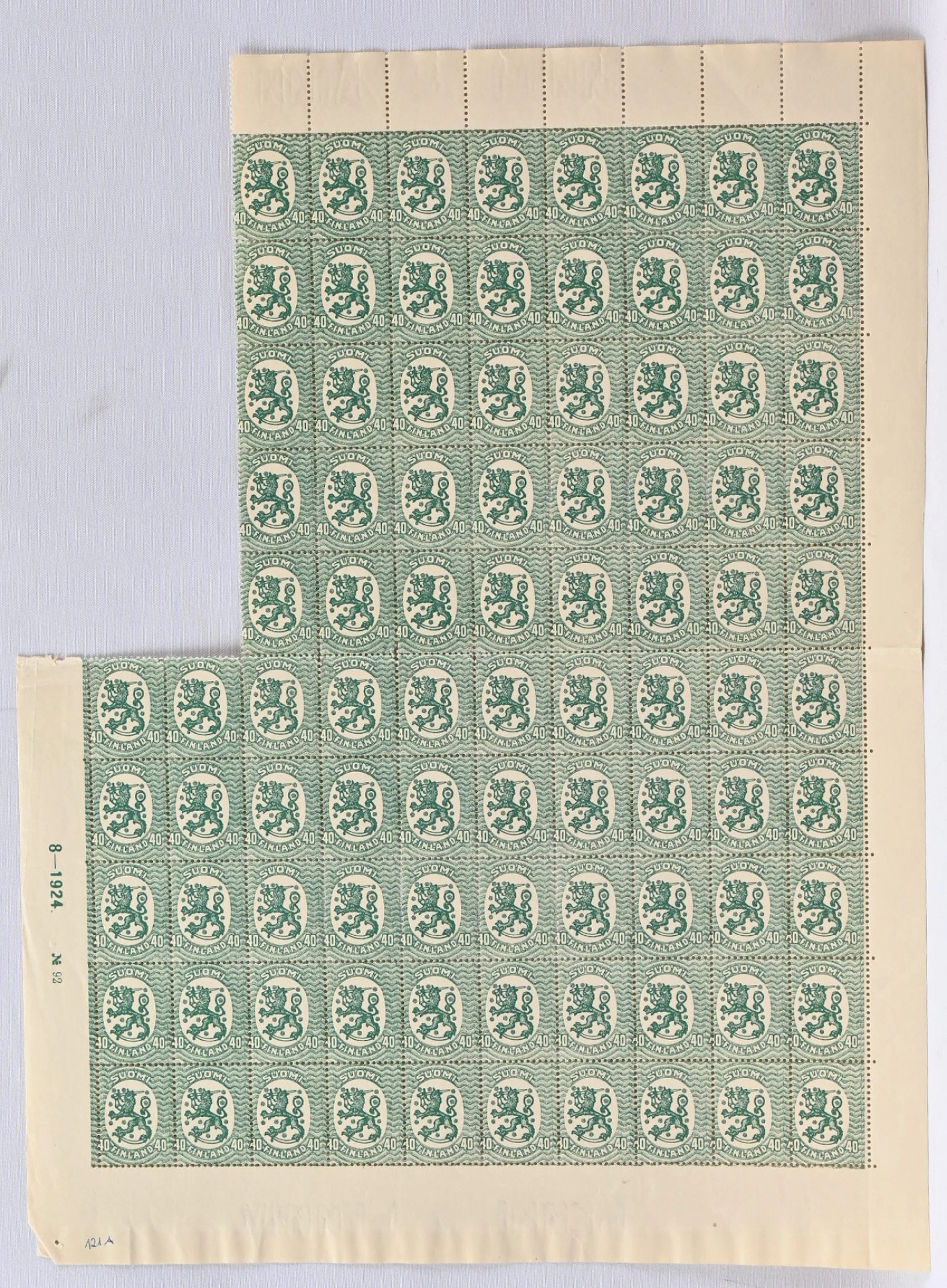40 penni green, printing order 92. Very fine mint ** multiple of 90