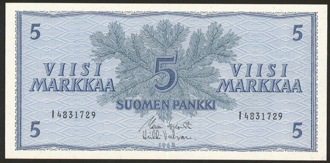 1963 5 markka I4831729 KOI / Val. RARE, Valvanne as the second signature