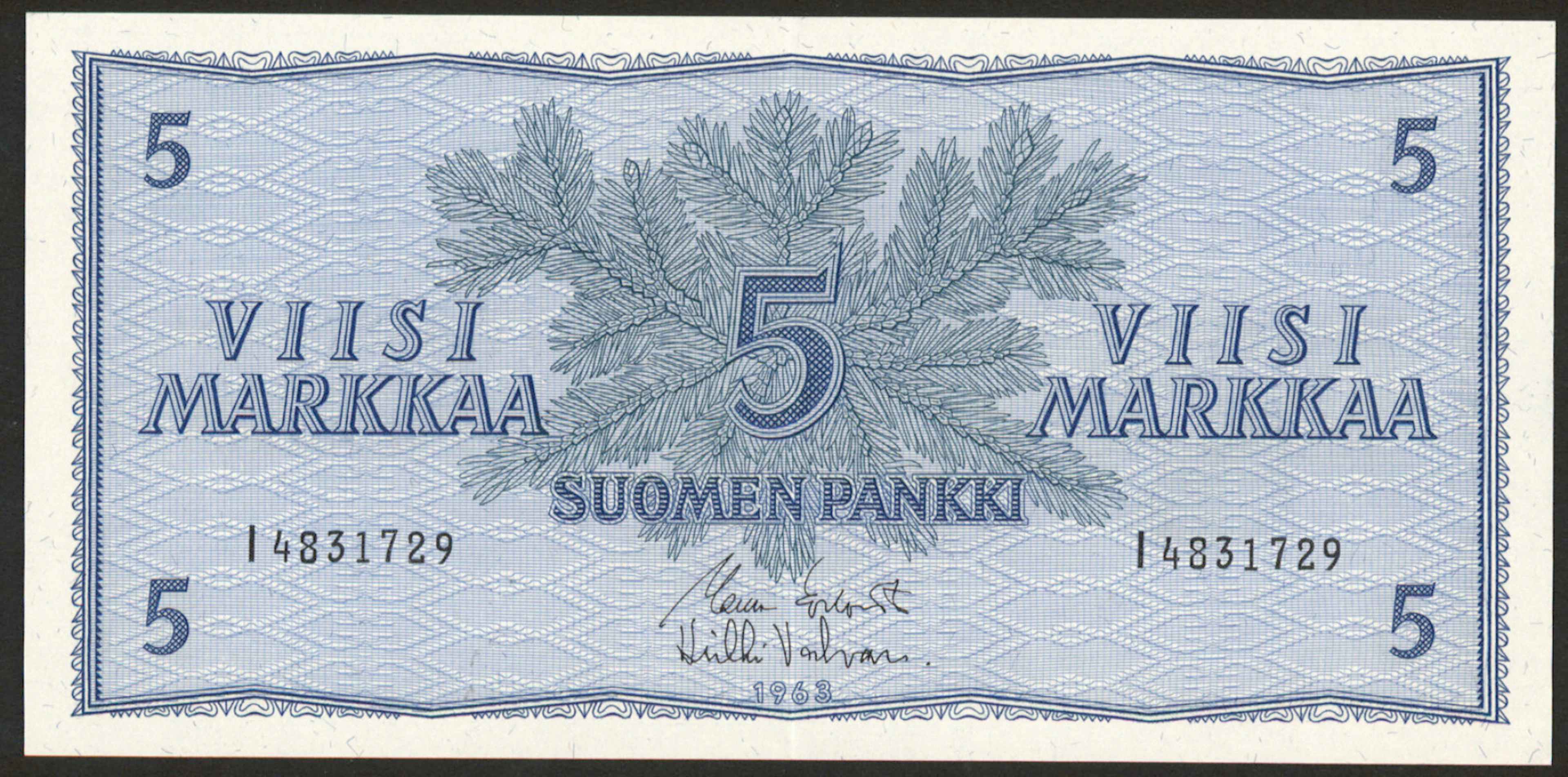 1963 5 markka I4831729 KOI / Val. RARE, Valvanne as the second signature
