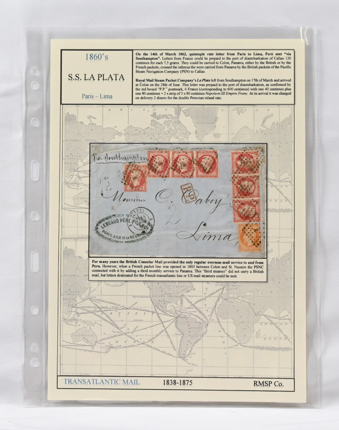 Front page of a cover sent from Paris to Peru in 1862, franked with