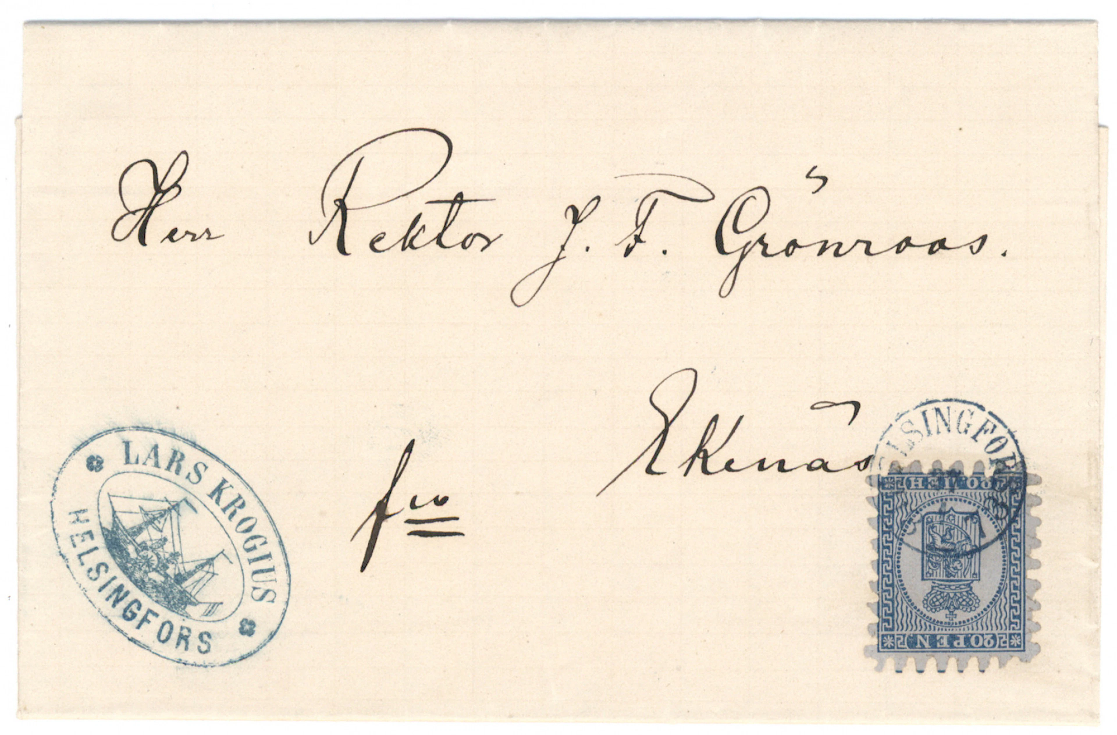 Cover to Tammisaari with a 20 penni blue serpentine rouletted stamp