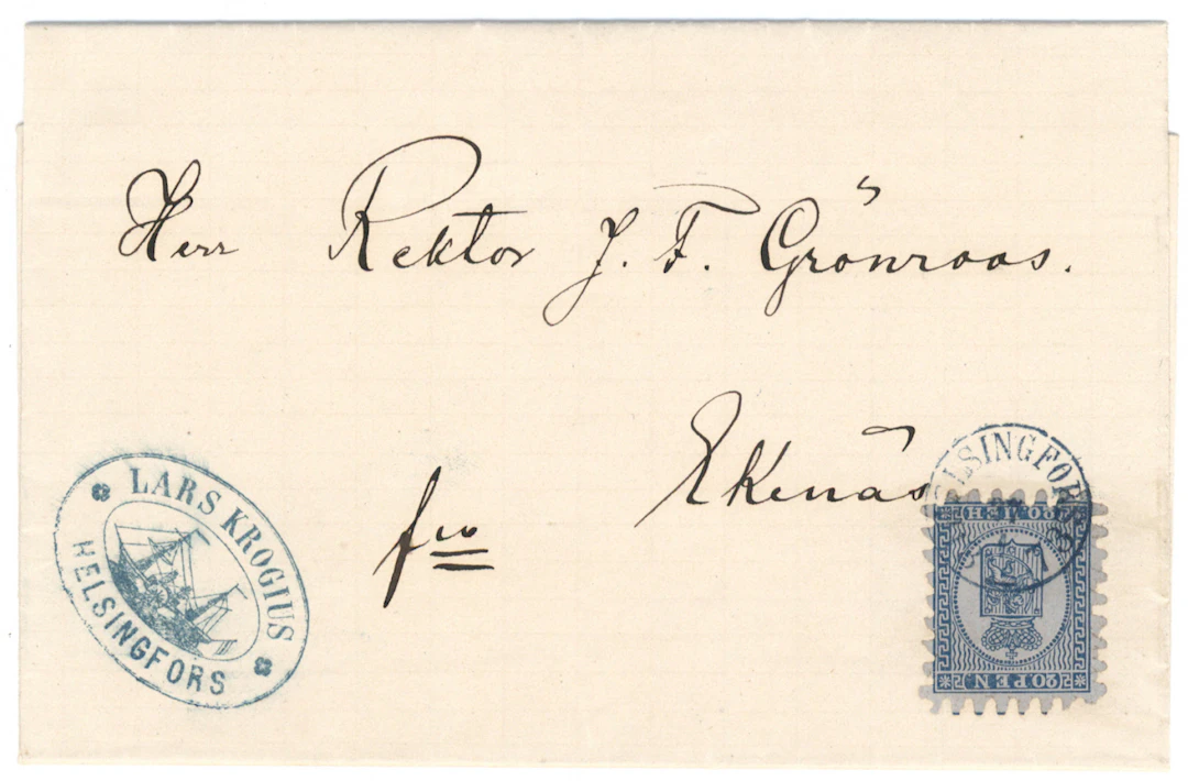 Cover to Tammisaari with a 20 penni blue serpentine rouletted stamp