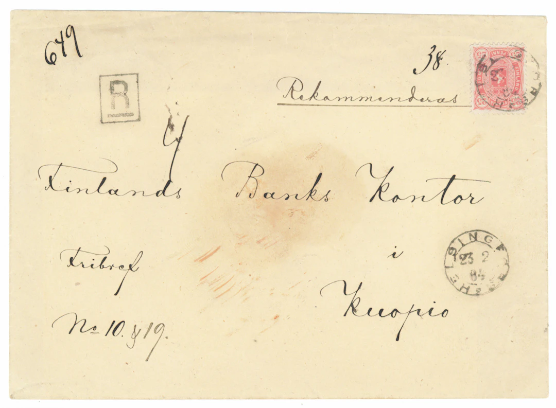 25 penni dull aniline-red as a registration fee on a free letter
