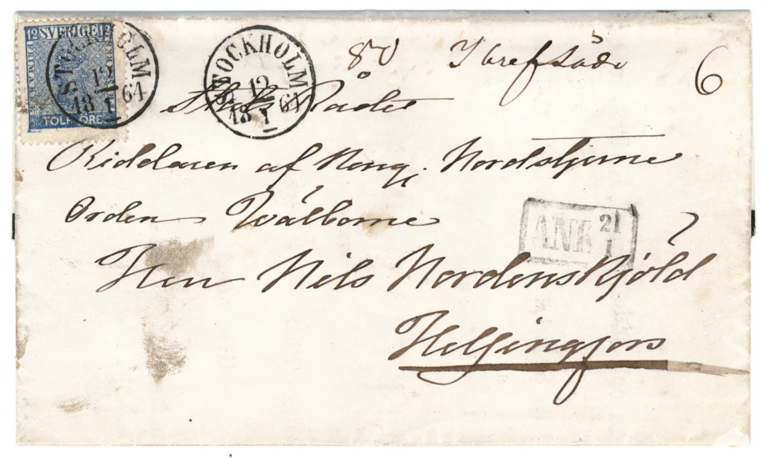 1858 Coat of arms 12 öre blue F. 9, on a printed matter (funeral invitation)