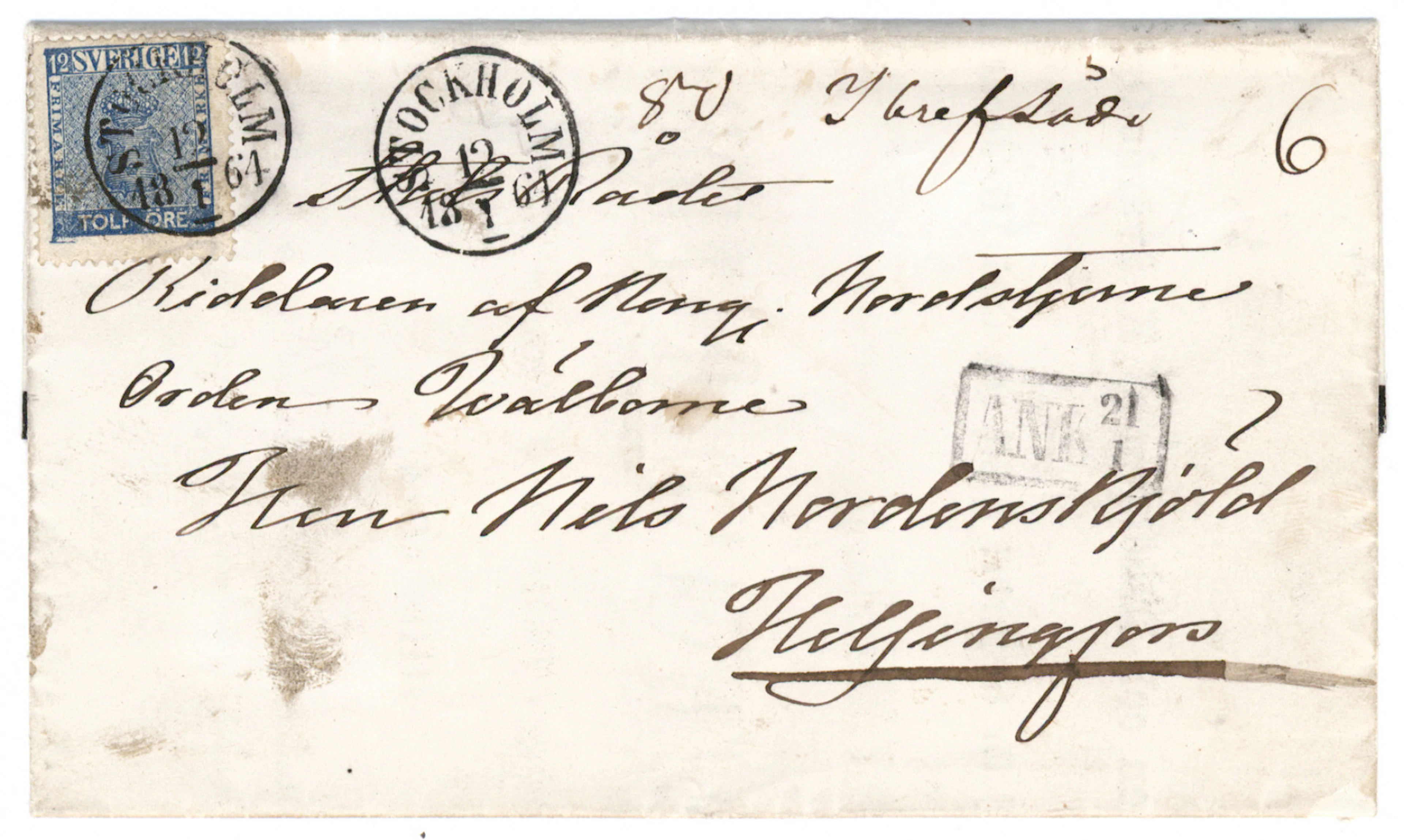 1858 Coat of arms 12 öre blue F. 9, on a printed matter (funeral invitation)