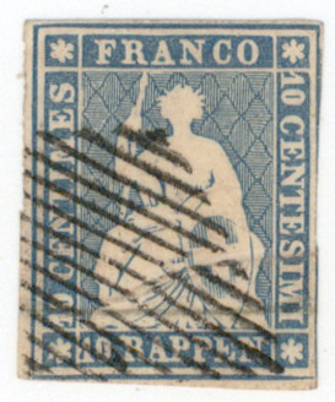 1864 Sitting Helvetia ”Strubel” 10 rappen blue, second Münich printing