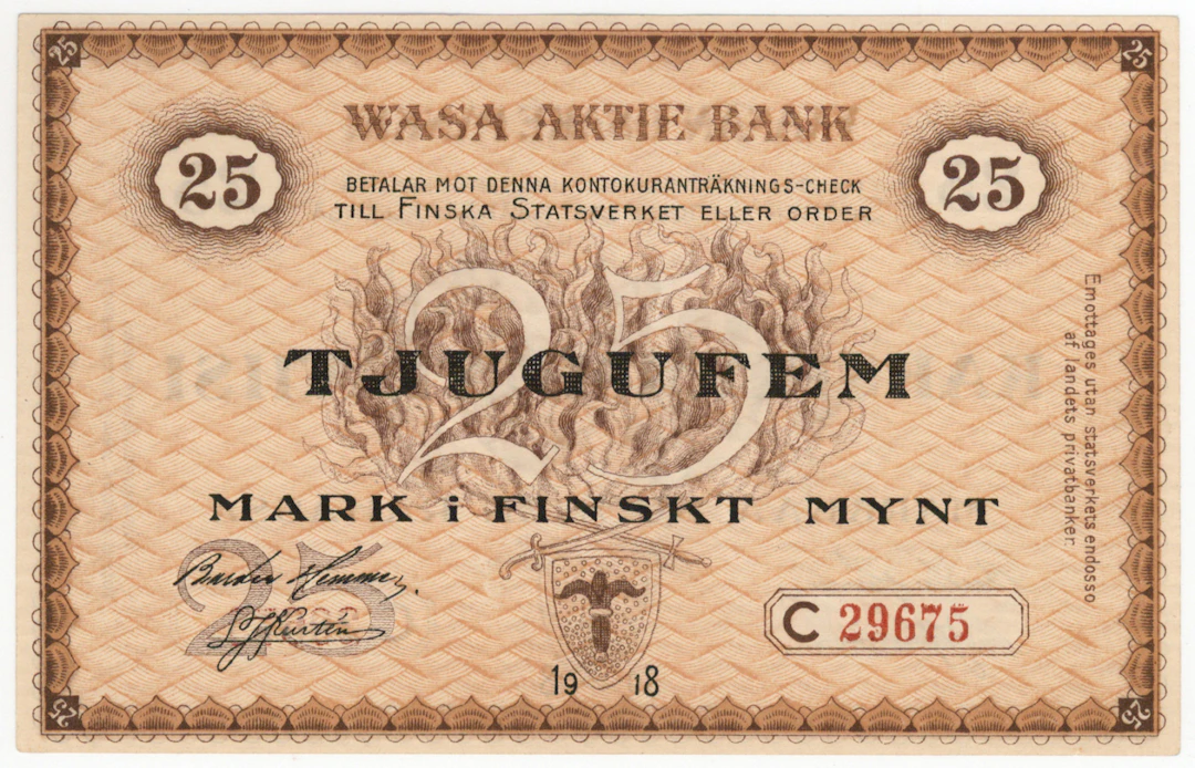 Vaasan Osake Pankki 1918 25 markka C, kl 1+