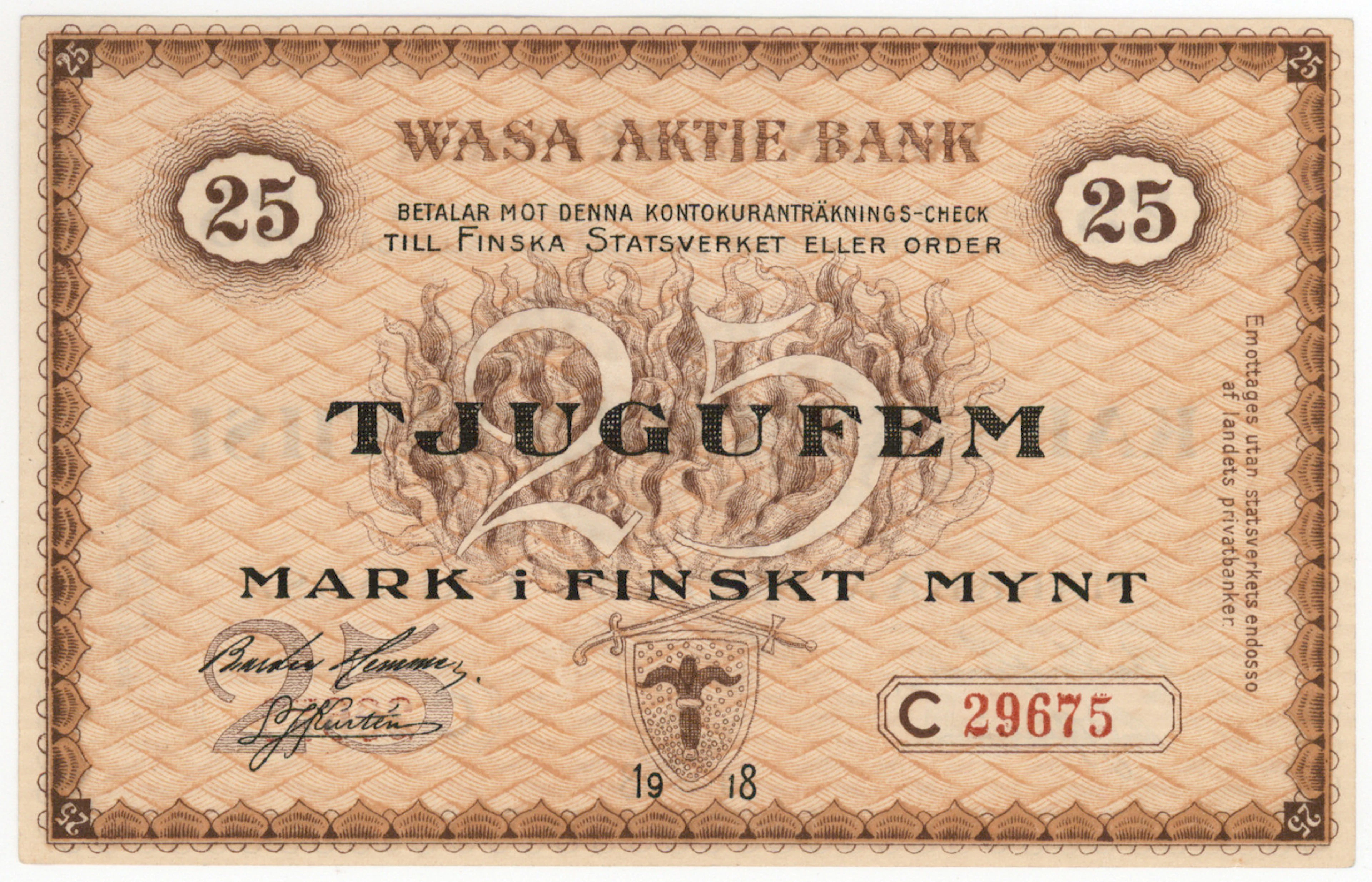 Vaasan Osake Pankki 1918 25 markka C, kl 1+