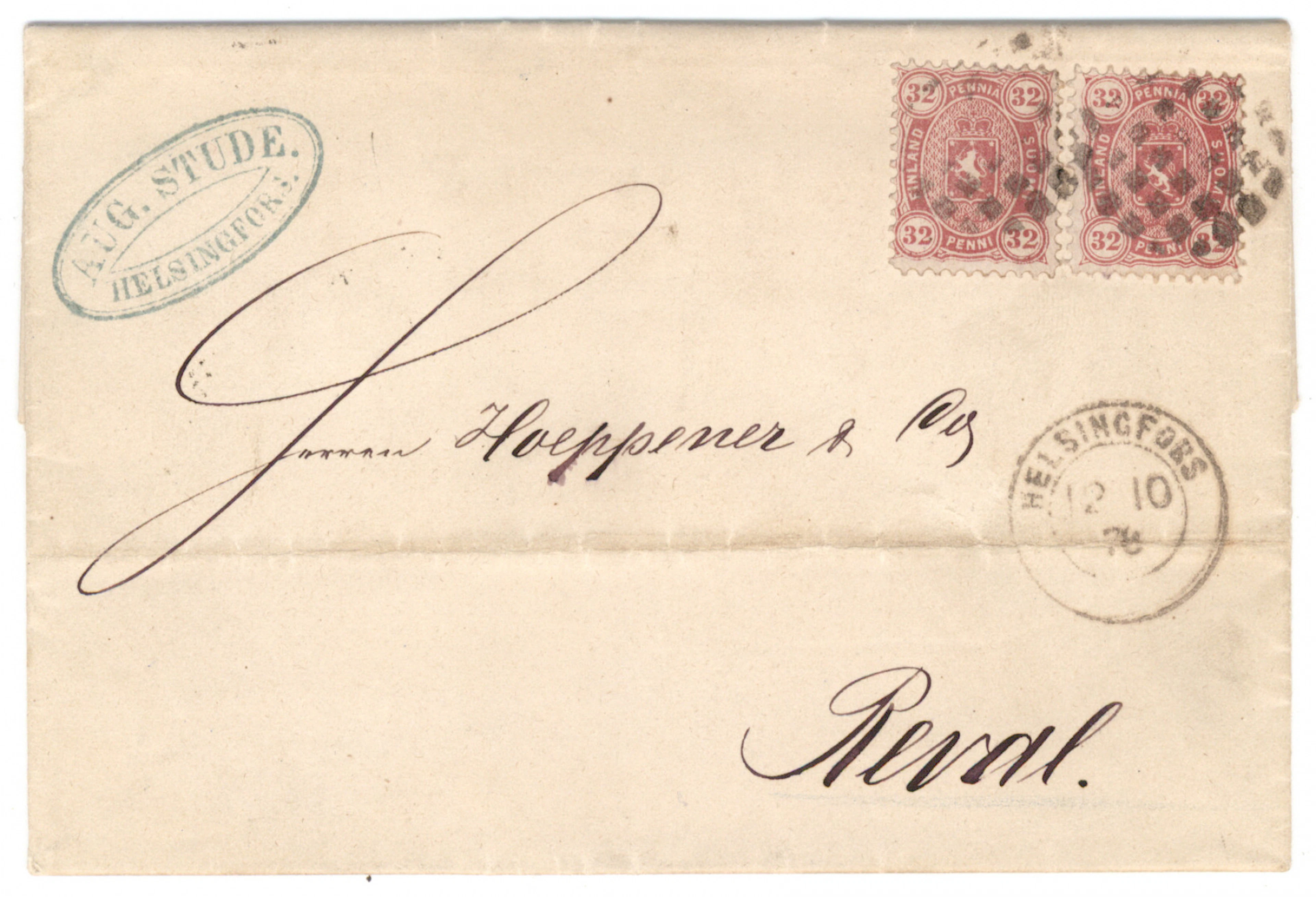 32 penni carmine, two pieces on a 2nd weight class cover to Tallinn