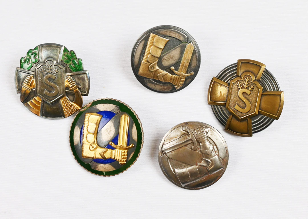 Selection of Civil Guard hobby and fitness badges, numbered. In total 5 pieces.