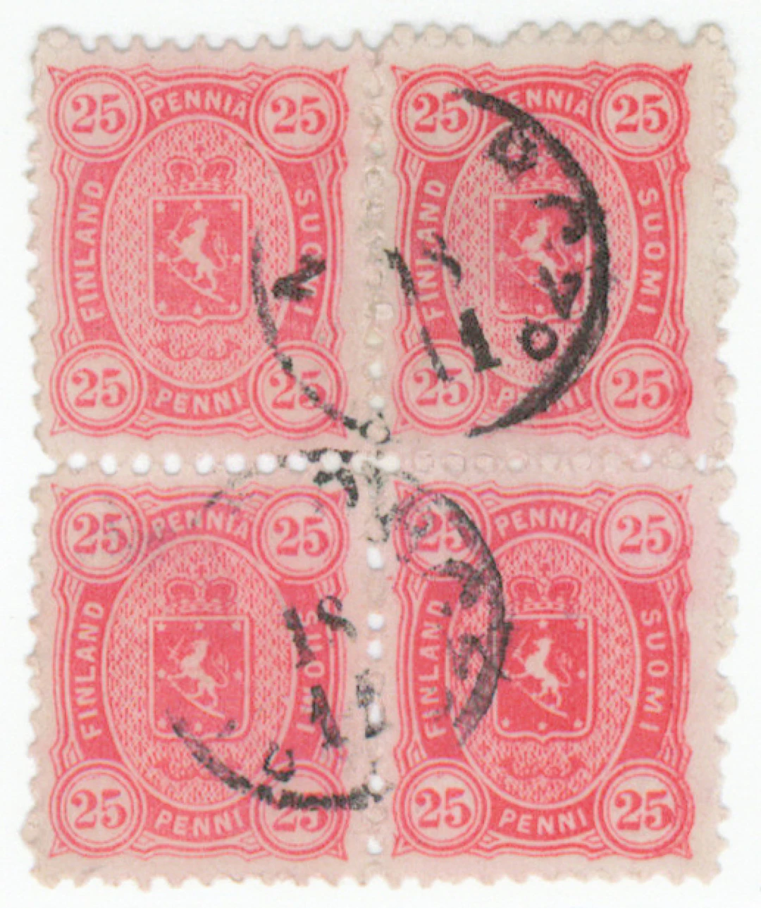 25 penni strong aniline-red, rough perforation, block of four Wiborg