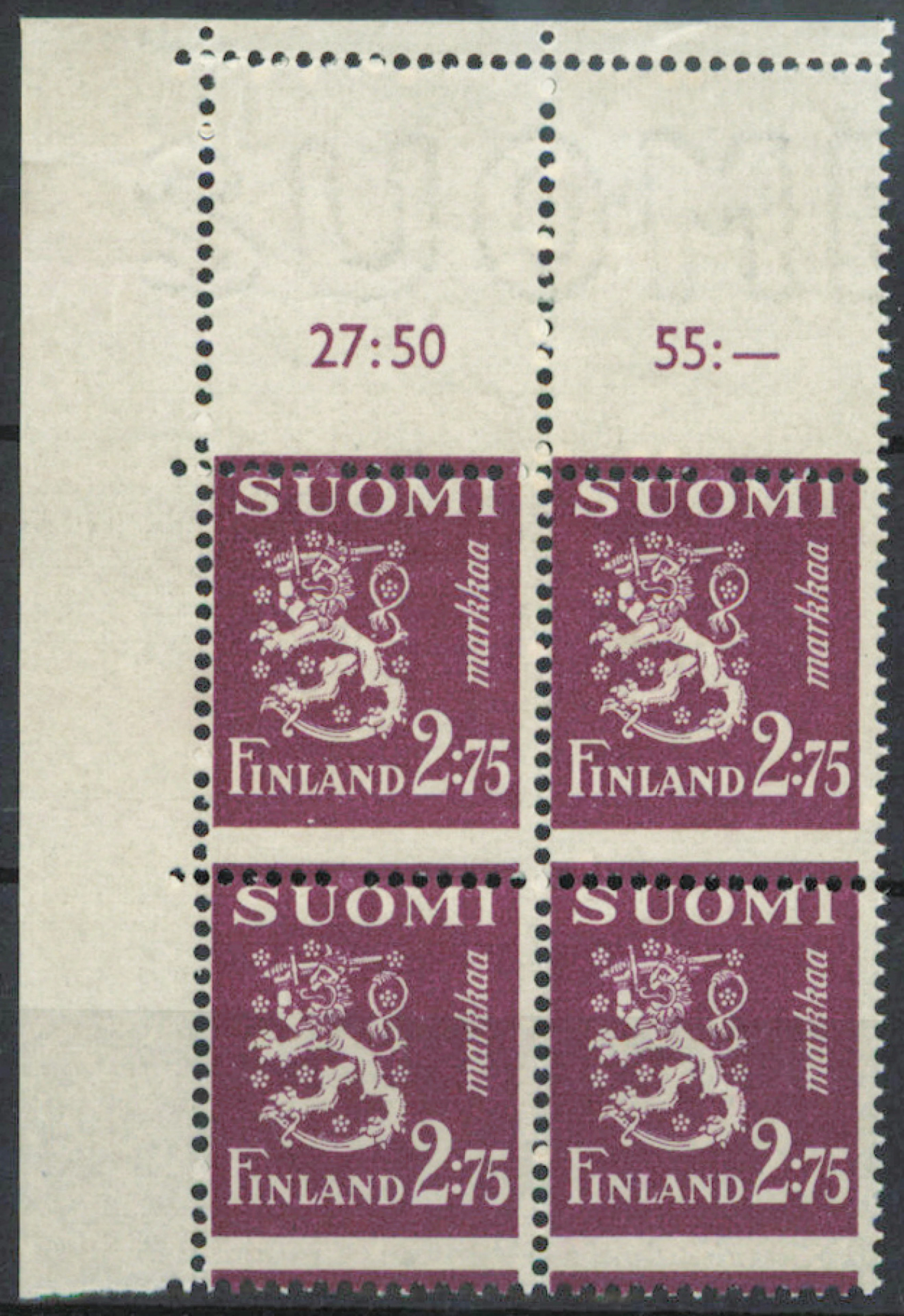 2.75 markka violet block of four with sheet margin, a fine SHIFTED