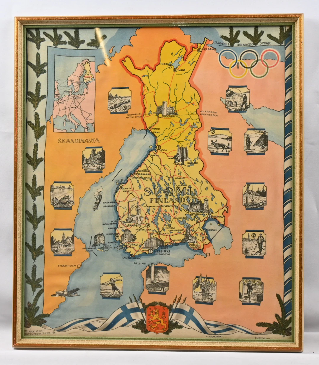 Olympic cloth (Hattuteollisuus) Finnish map framed. Size approximately
