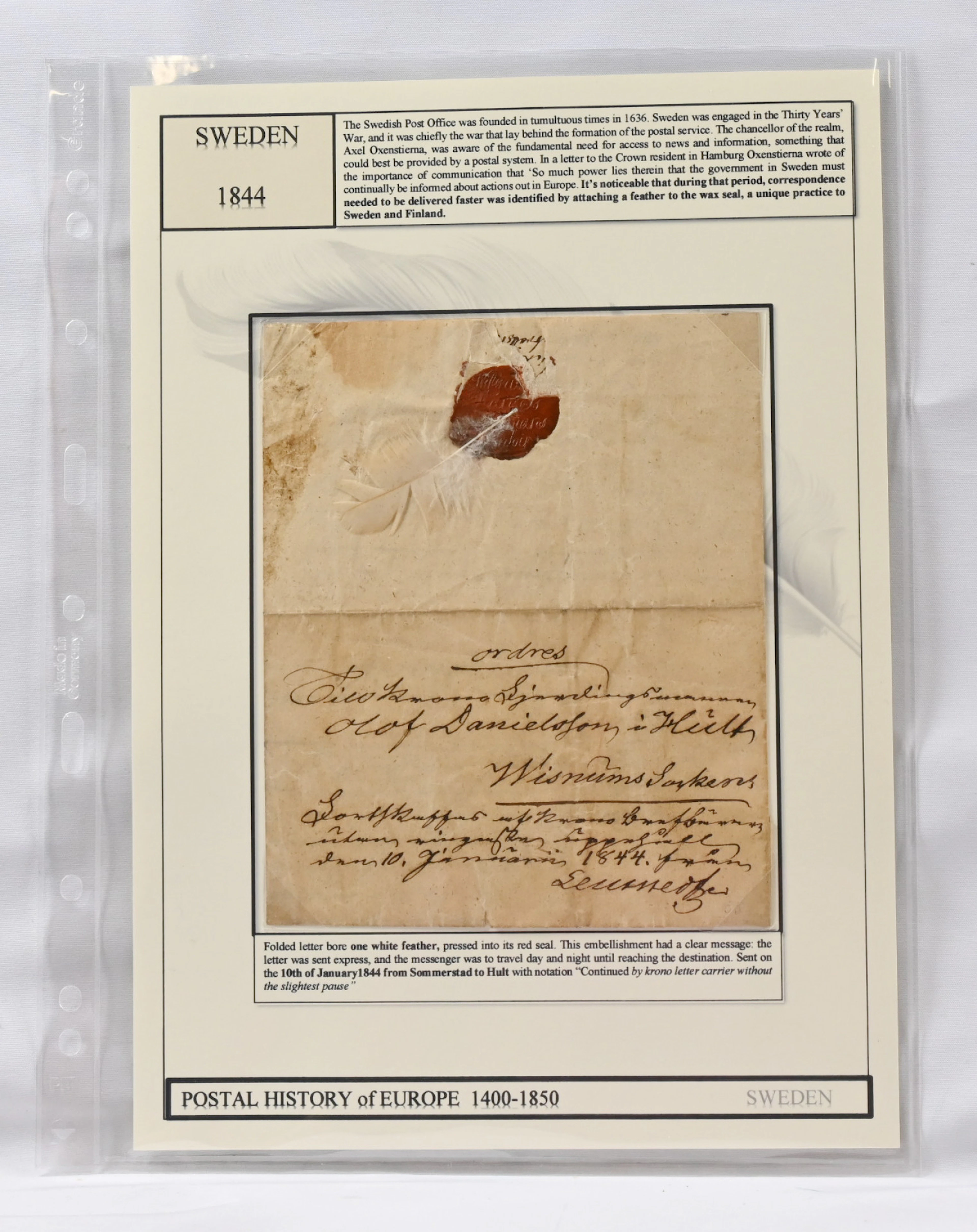 1844 FEATHER LETTER with one feather from Sommerstad to Hult on a