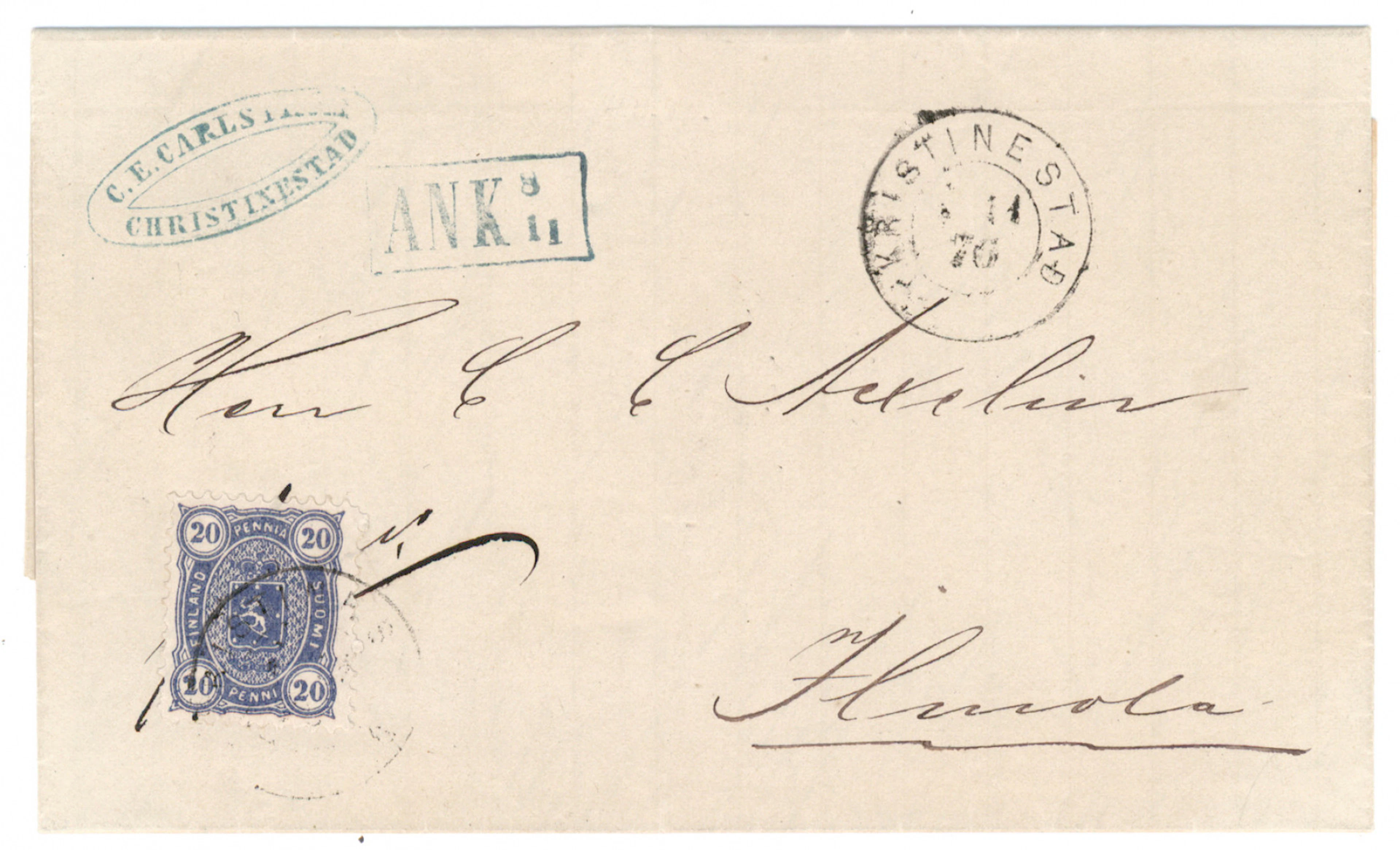 20 penni dull blue on a cover in fine condition, Kristinestad 4.11.76