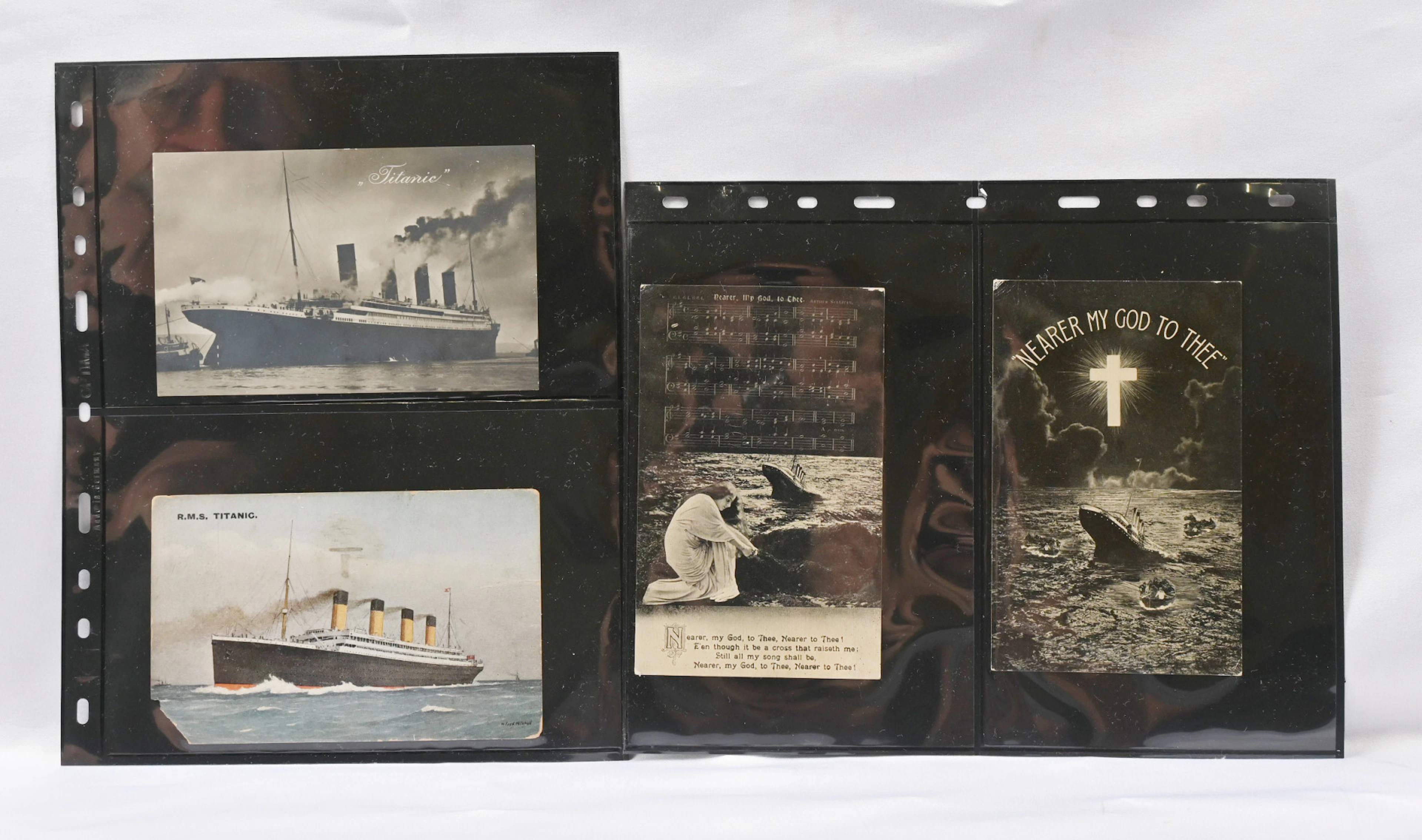 Titanic, fine selection of seven cards. Three ship photo cards (corner