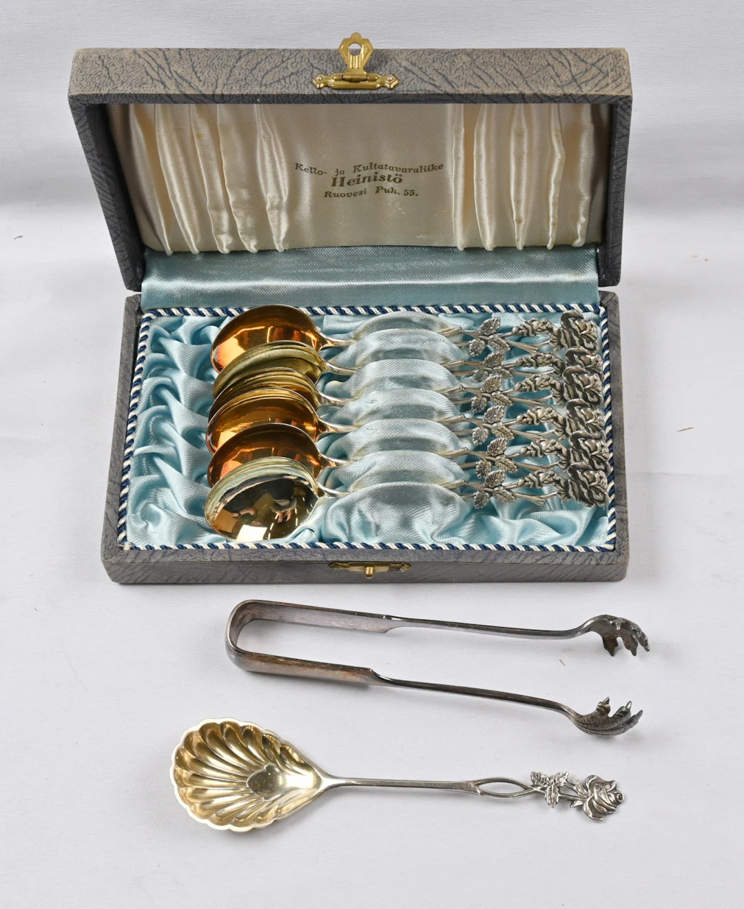 "Ruusu" (Rose) coffee spoons six pieces, silver (830), and sugar tongs