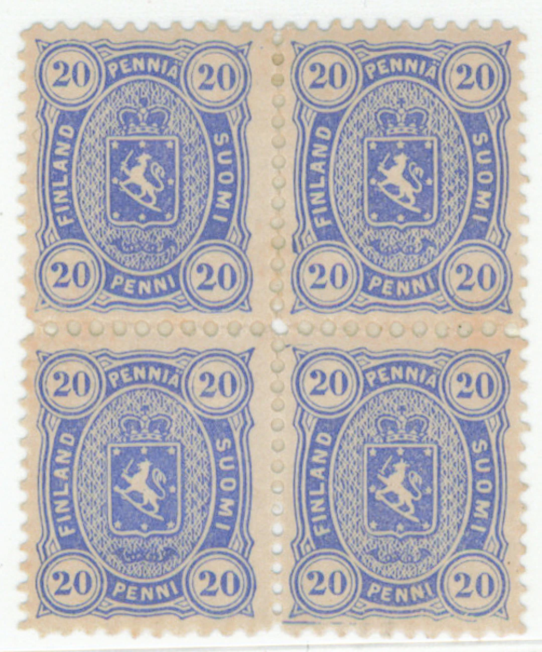 20 penni ultramarine magnificent mint * block of four with mixed perforation.