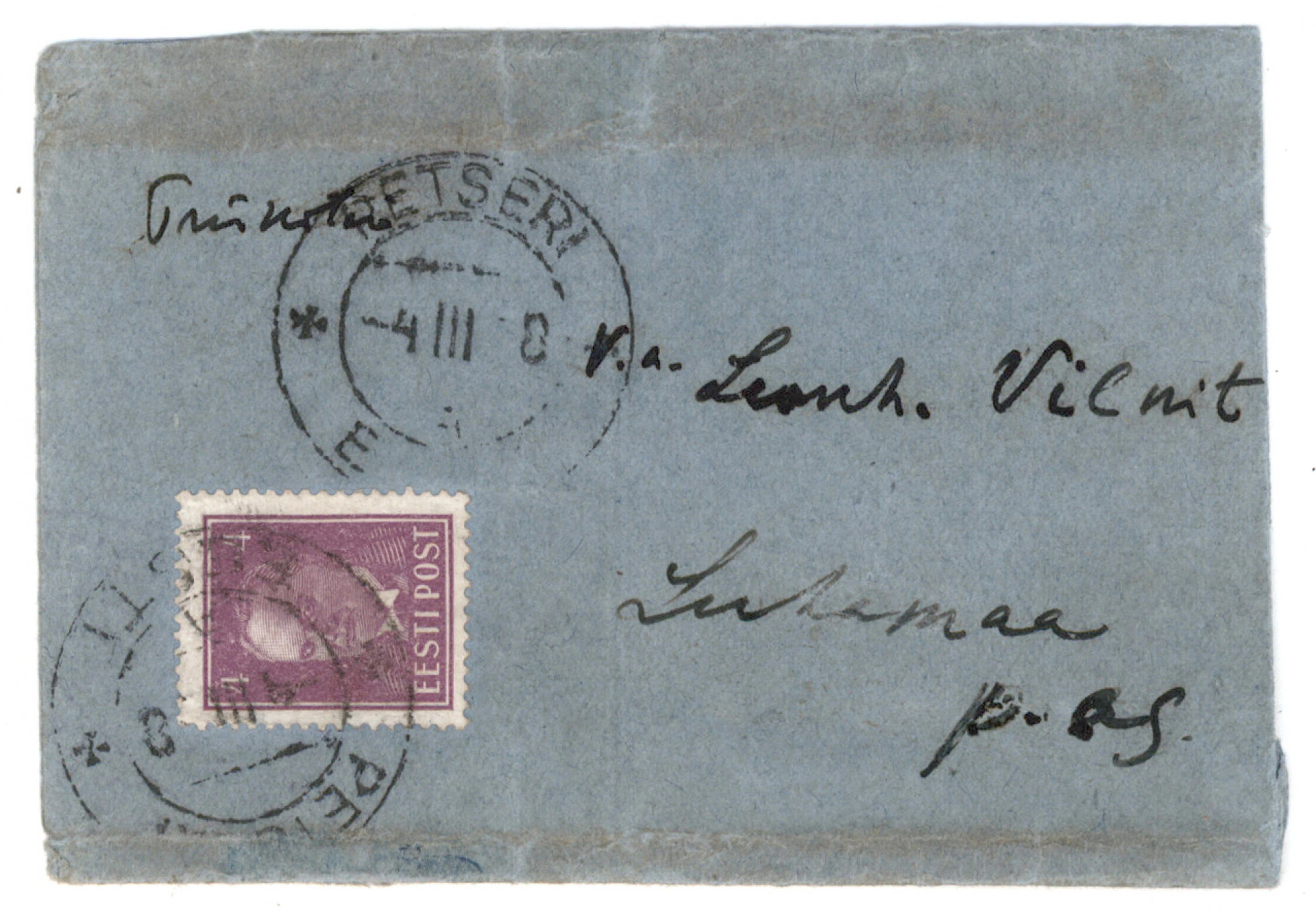 1936 Päts 4 sent lilac Mi 124, single franking on a printed matter