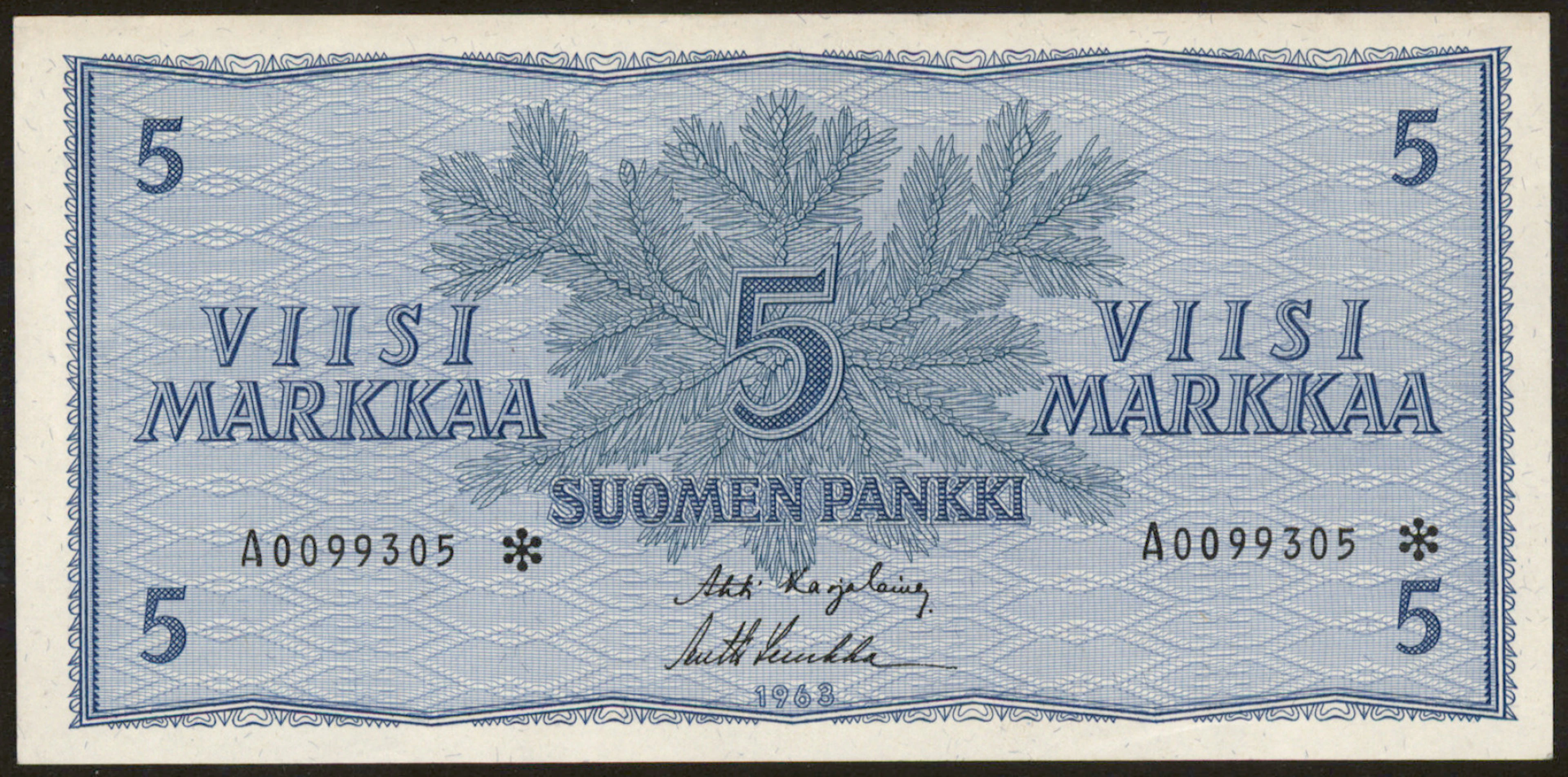 1963 5 markka A0099305* KA1/Luu. Condition 01.