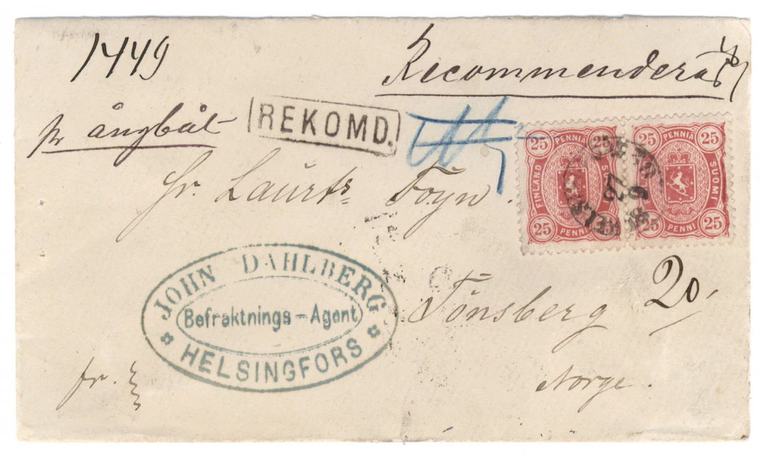 25 penni strong aniline-red pair on a registered letter to Norway
